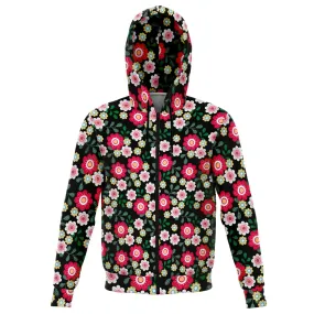 Pink Flowers Zip Up Hoodie, Floral Front Zip Pocket Men Women Adult Aesthetic Graphic Cotton Hooded Sweatshirt