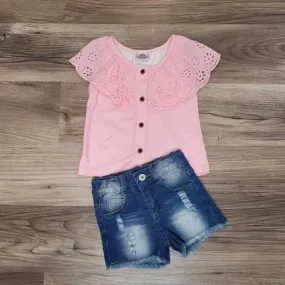 Pink Ruffle Button Top with distressed denim shorts set
