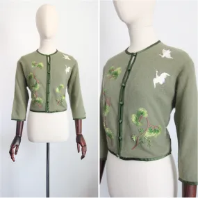 "Flying Cranes" Vintage Late 1950's Green Embroidered Crane Cardigan UK 10-12 US 6-8