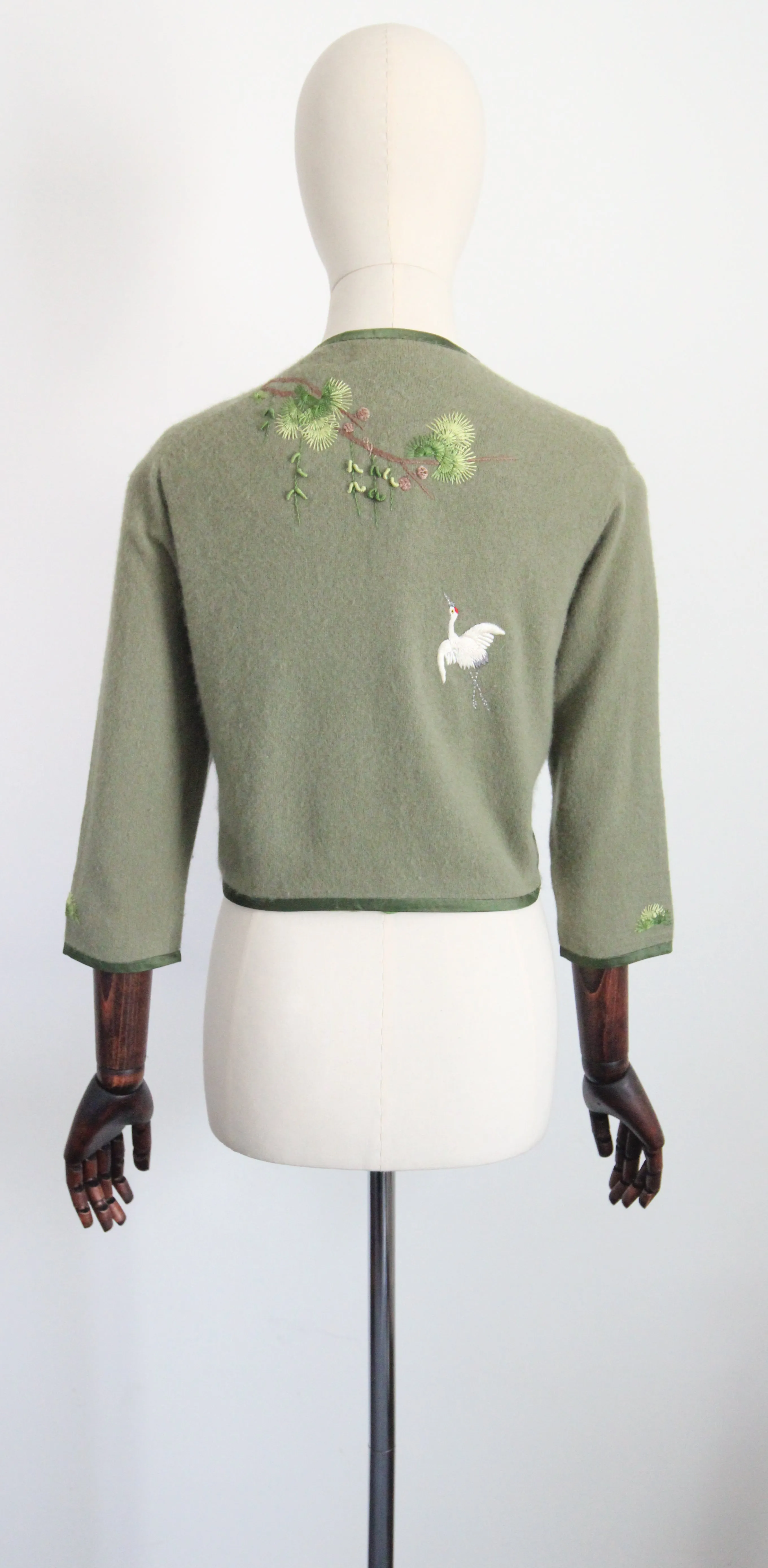 "Flying Cranes" Vintage Late 1950's Green Embroidered Crane Cardigan UK 10-12 US 6-8