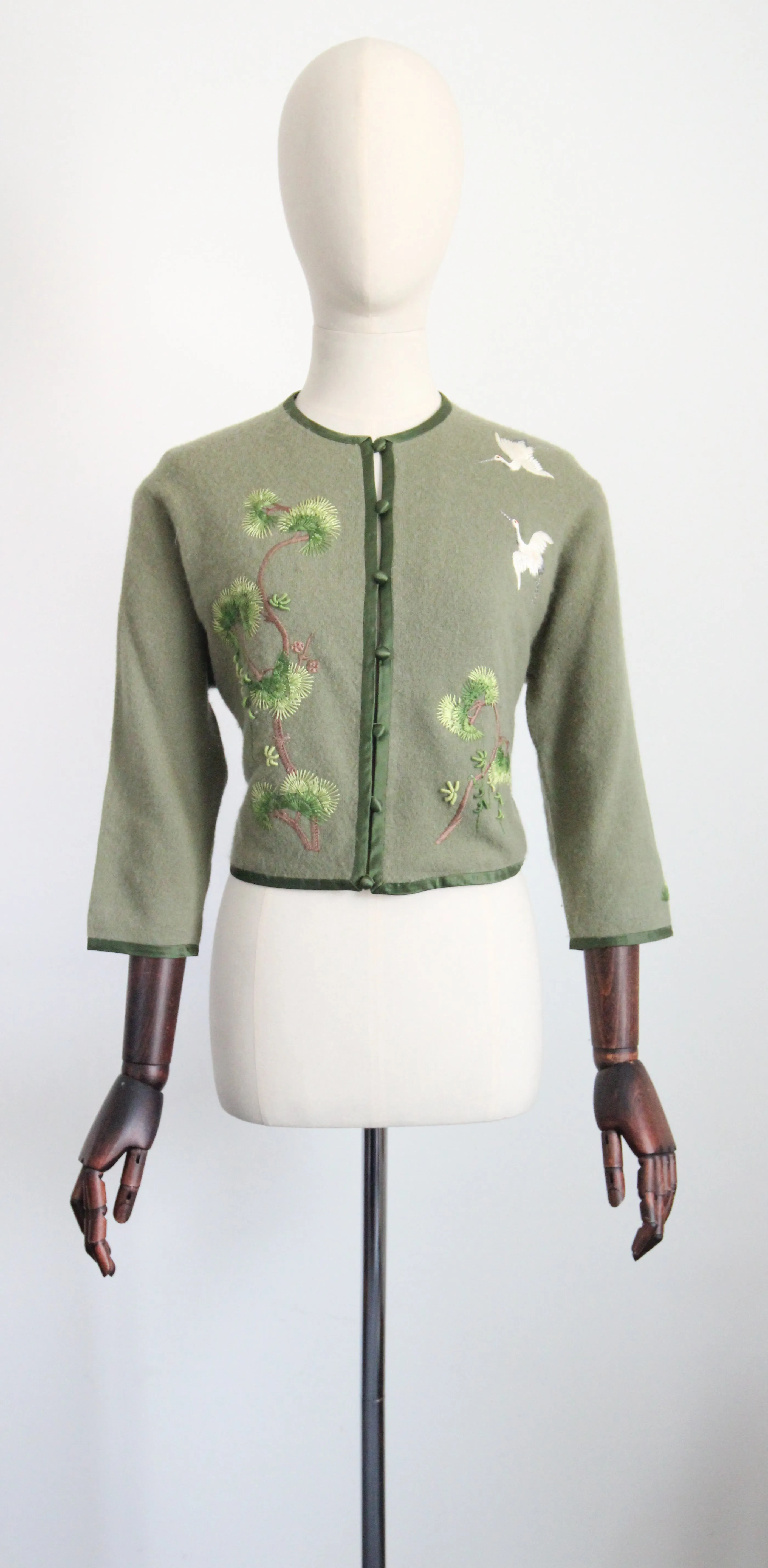 "Flying Cranes" Vintage Late 1950's Green Embroidered Crane Cardigan UK 10-12 US 6-8