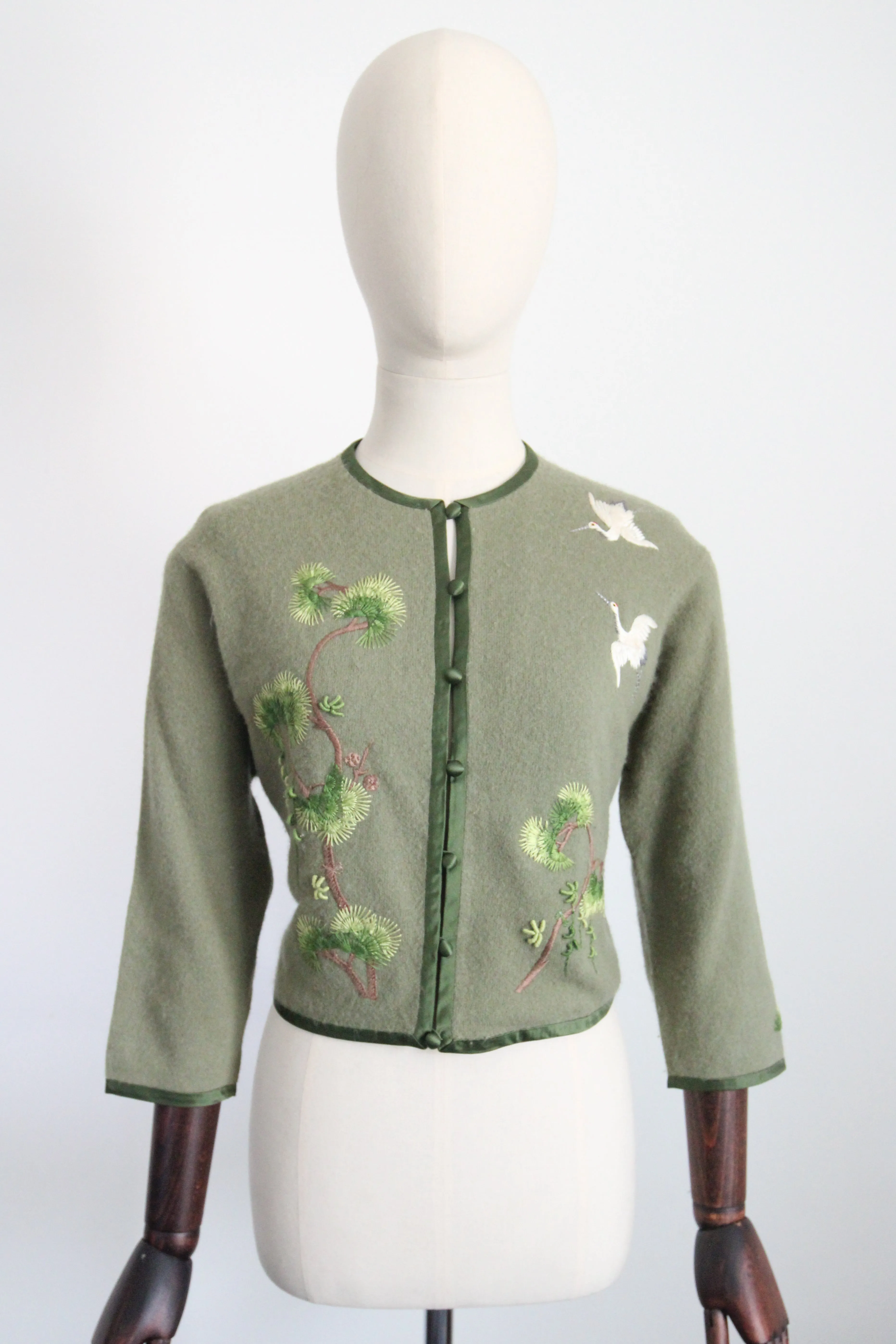 "Flying Cranes" Vintage Late 1950's Green Embroidered Crane Cardigan UK 10-12 US 6-8