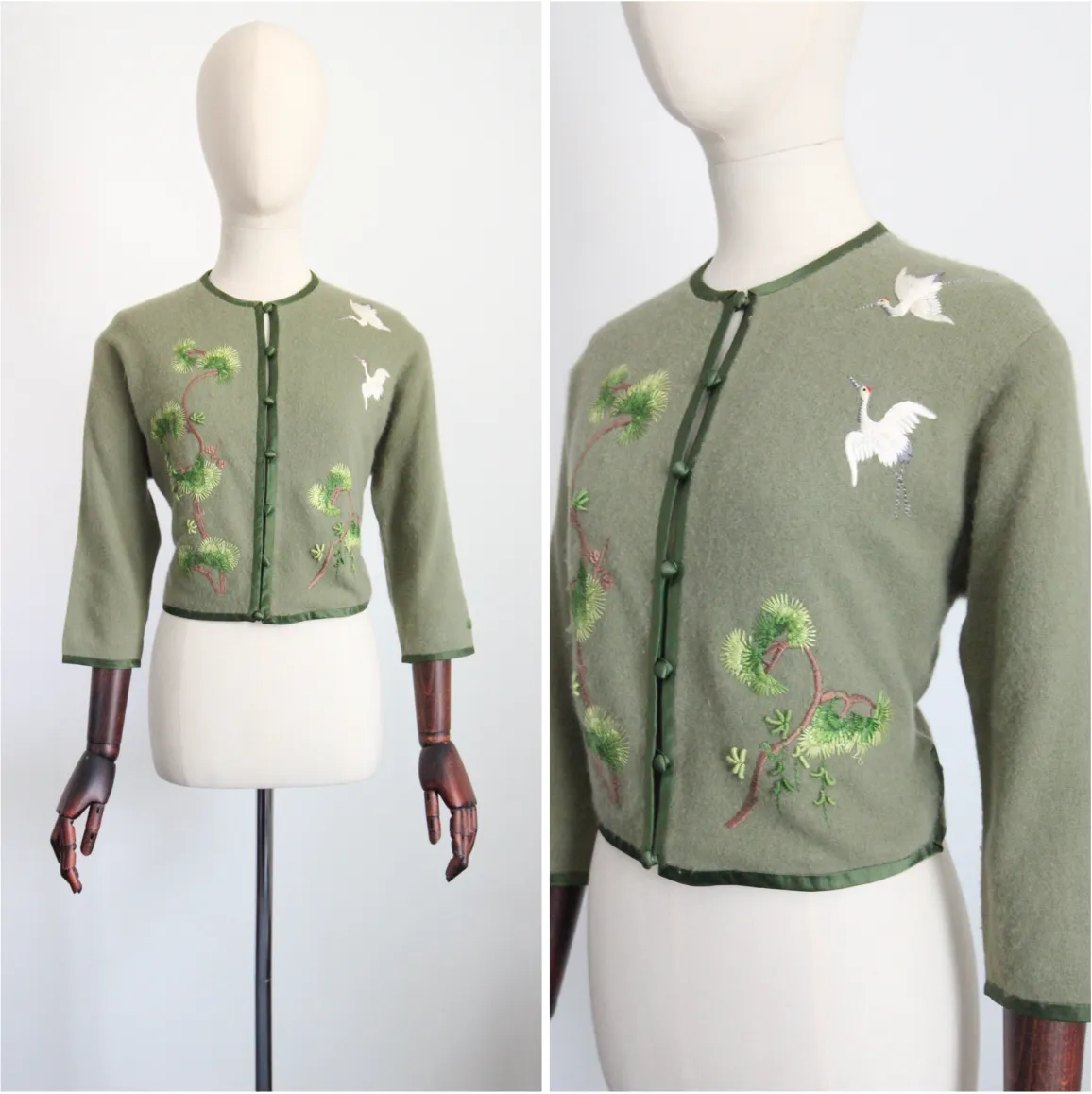 "Flying Cranes" Vintage Late 1950's Green Embroidered Crane Cardigan UK 10-12 US 6-8