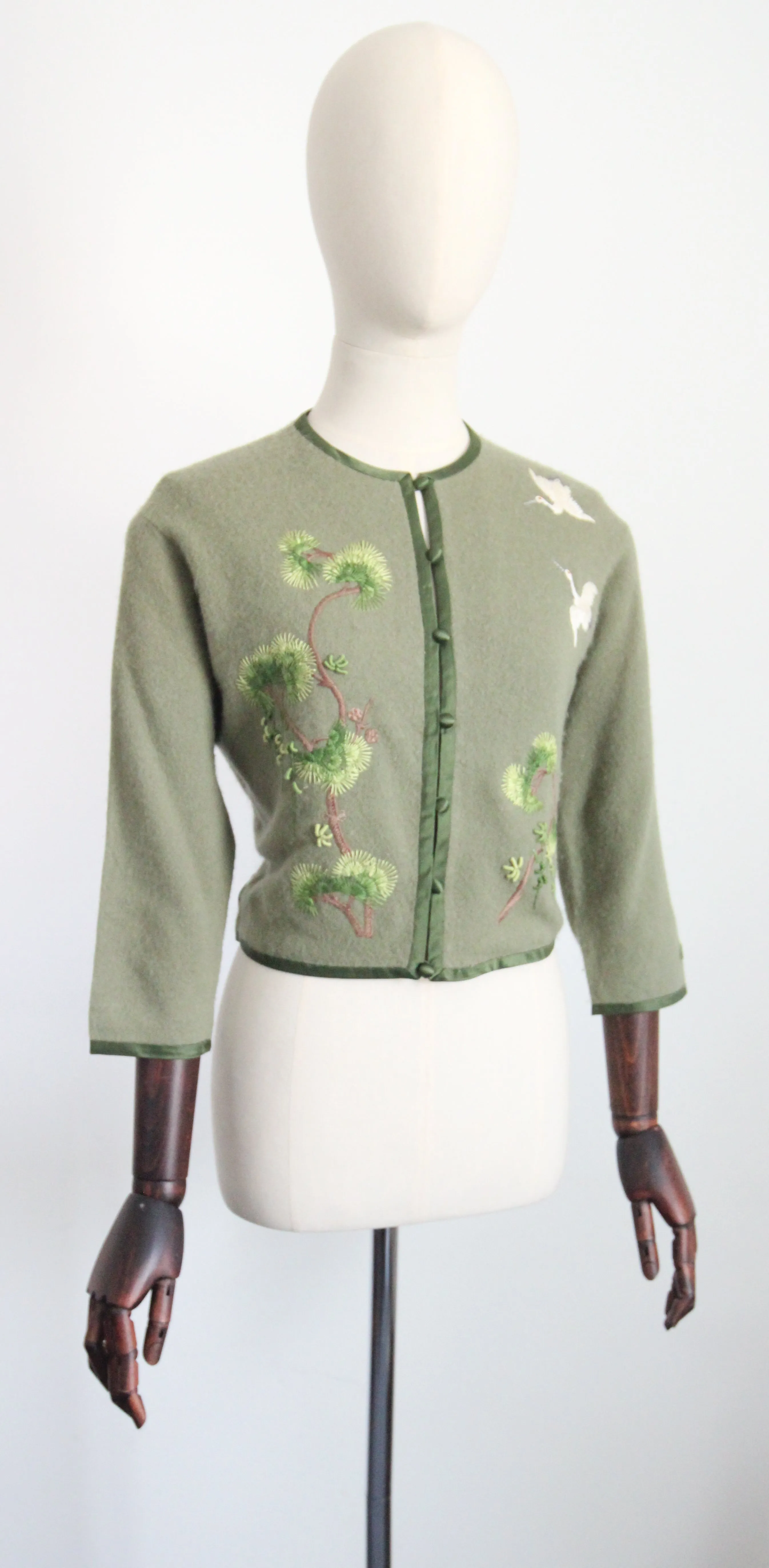 "Flying Cranes" Vintage Late 1950's Green Embroidered Crane Cardigan UK 10-12 US 6-8