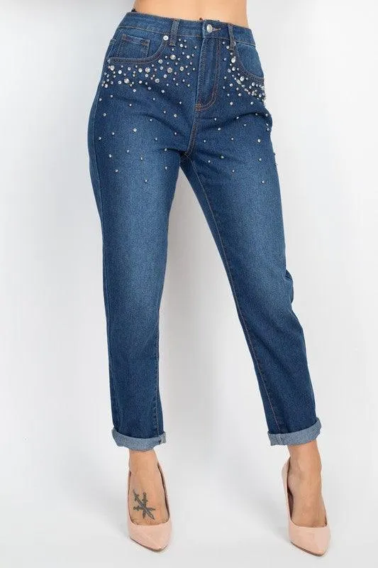 Rhinestones Denim Mom Jeans