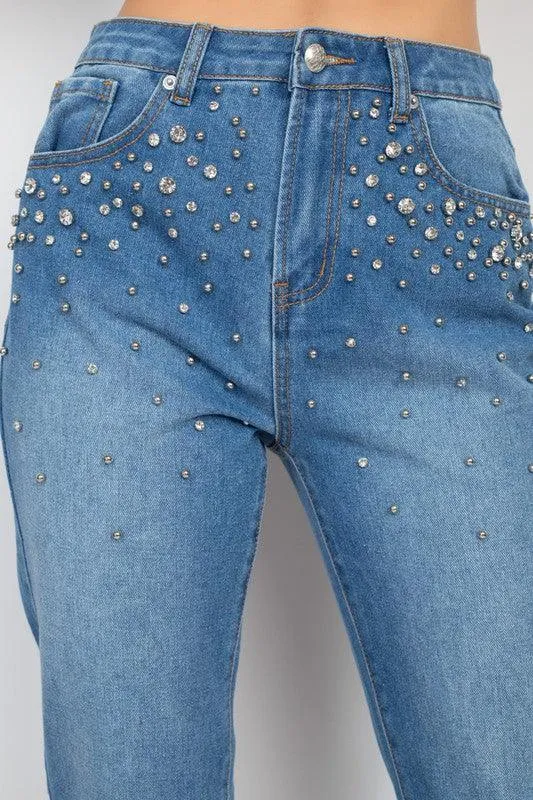 Rhinestones Denim Mom Jeans
