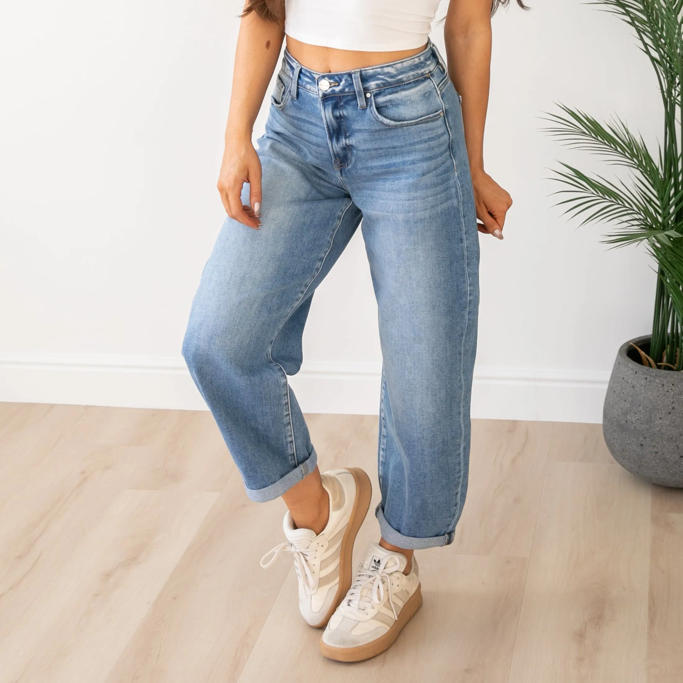 Risen High Rise Medium Wash Cuffed Barrel Jeans