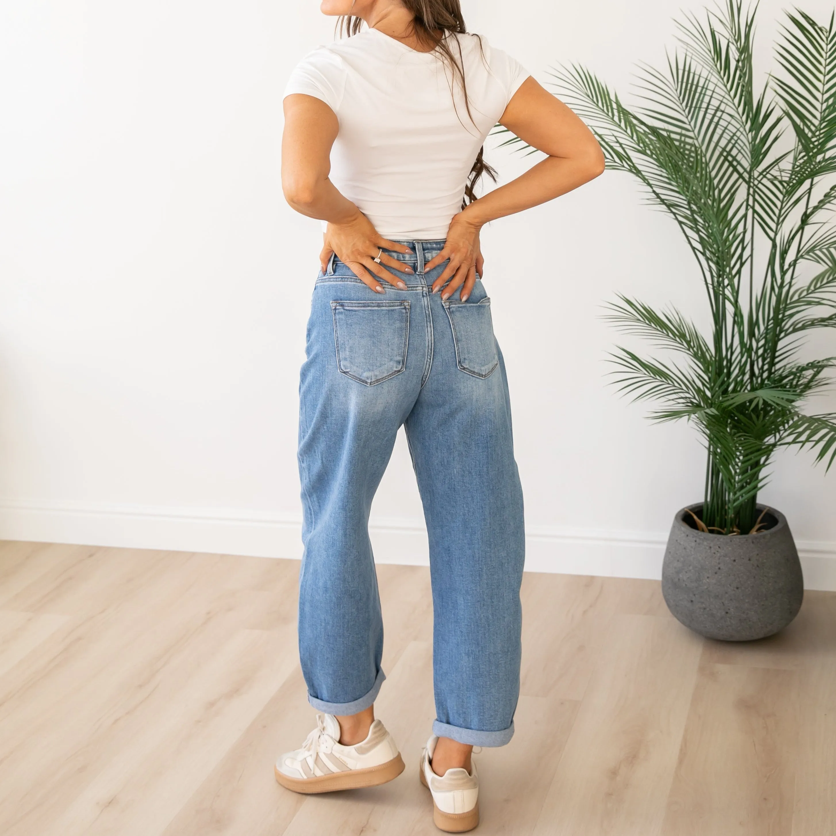Risen High Rise Medium Wash Cuffed Barrel Jeans