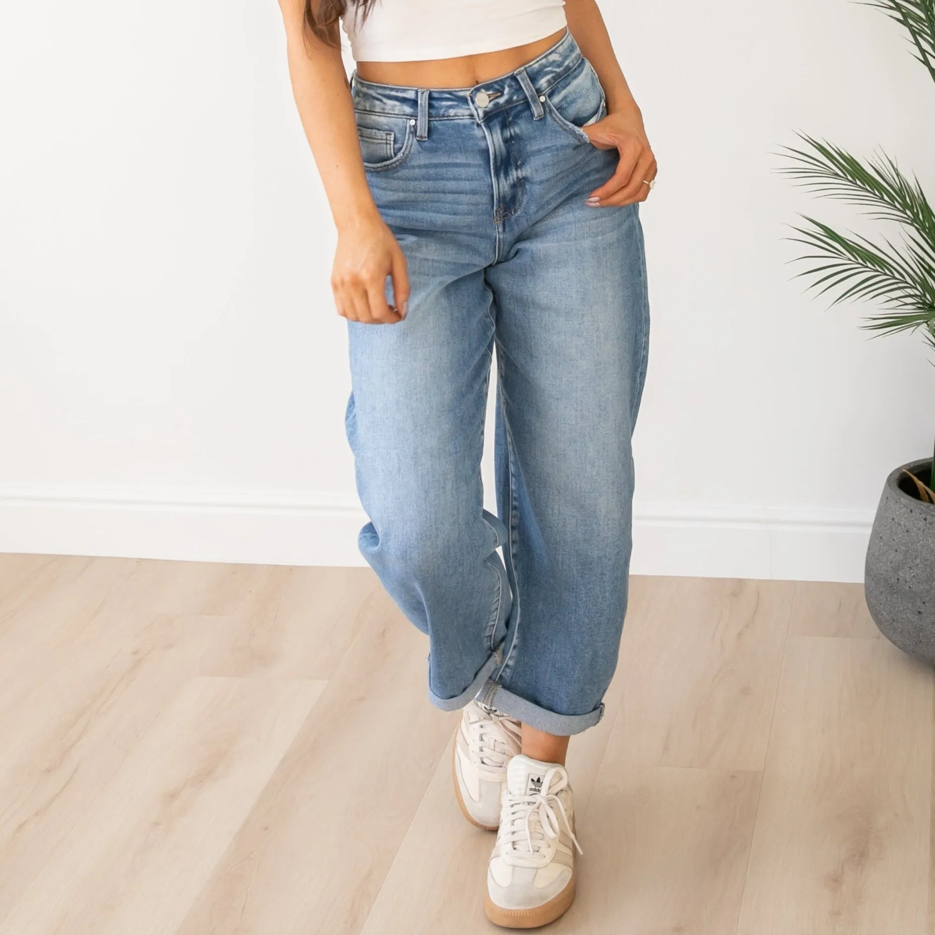 Risen High Rise Medium Wash Cuffed Barrel Jeans
