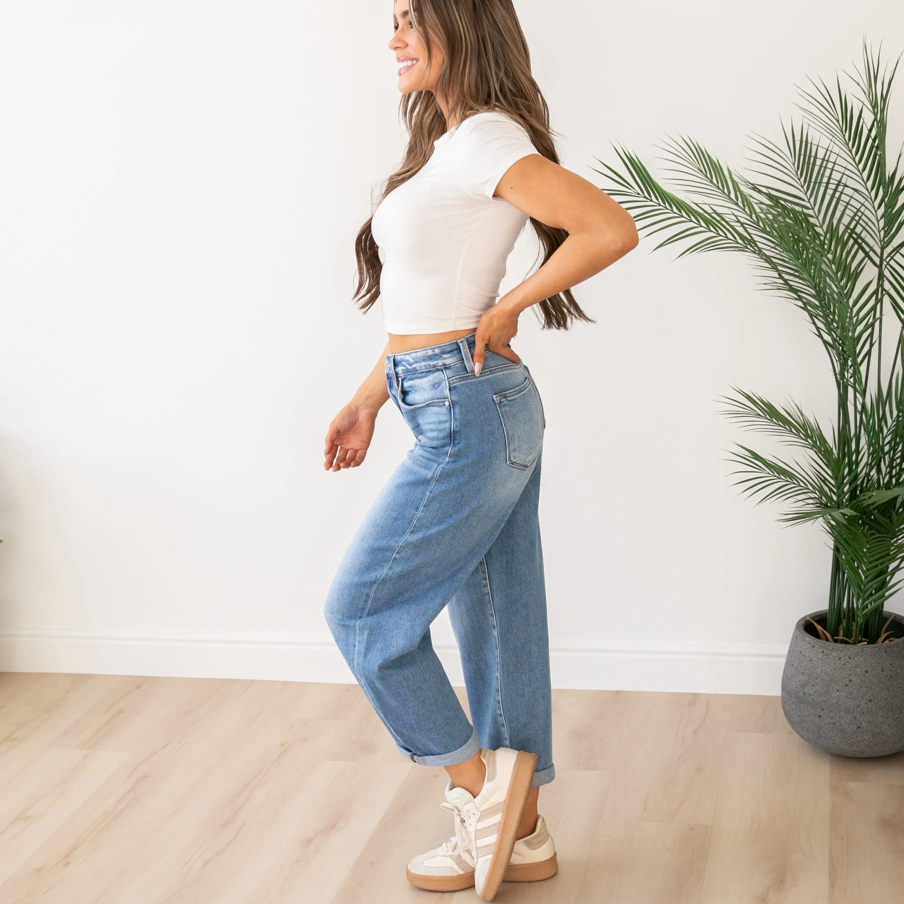 Risen High Rise Medium Wash Cuffed Barrel Jeans
