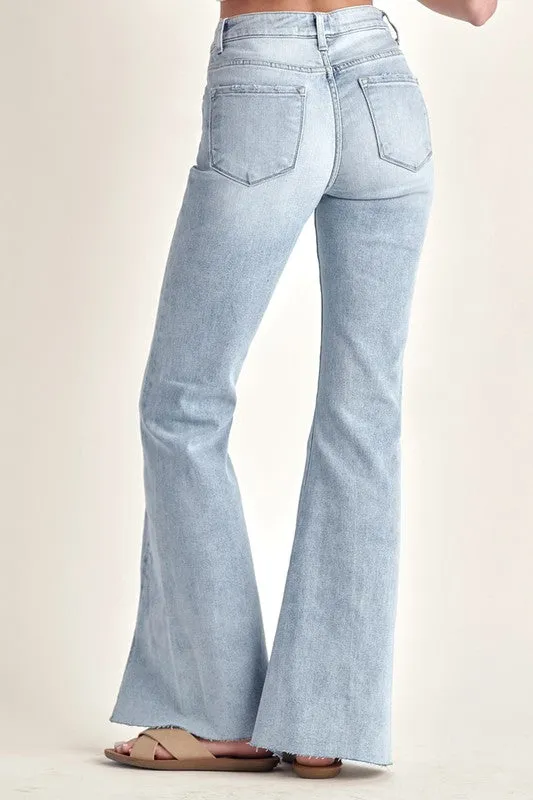 RISEN JEANS-High Waisted Twisted hem light wash flares RDP5243
