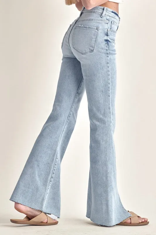 RISEN JEANS-High Waisted Twisted hem light wash flares RDP5243