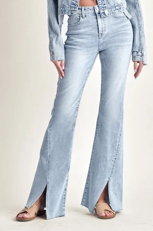 RISEN JEANS-High Waisted Twisted hem light wash flares RDP5243