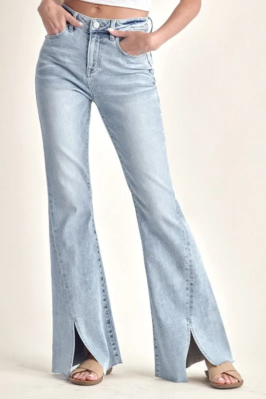 RISEN JEANS-High Waisted Twisted hem light wash flares RDP5243