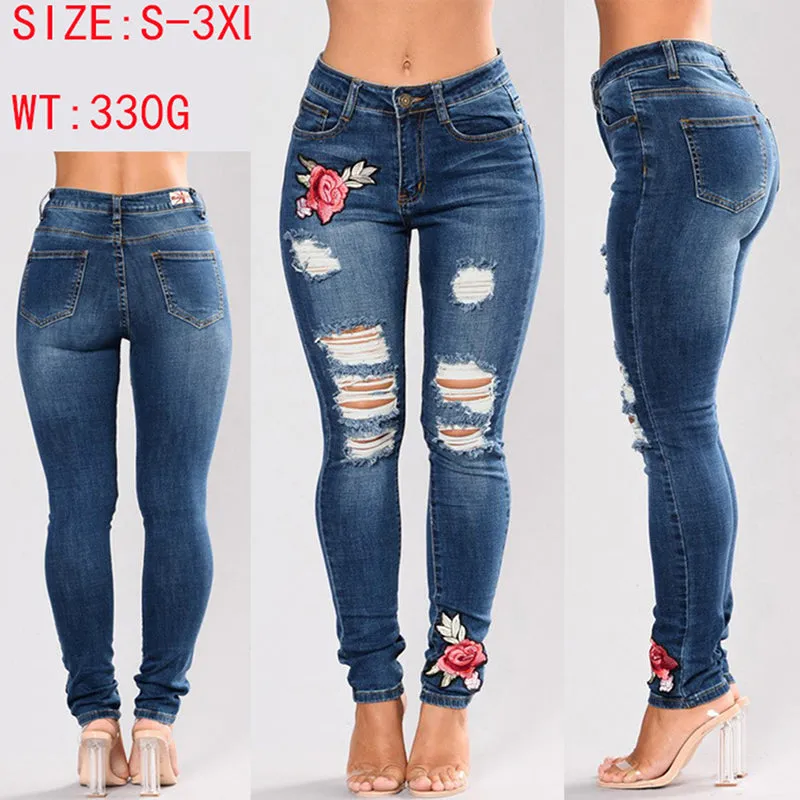Sexy Stretch Embroidery Bodycon Skinny Denim Pants