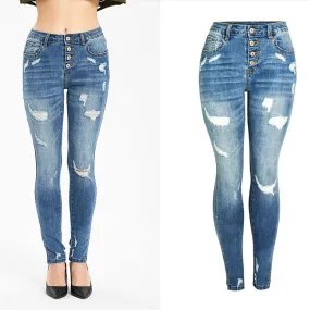 Sexy Stretch Split Button Skinny Denim Pants