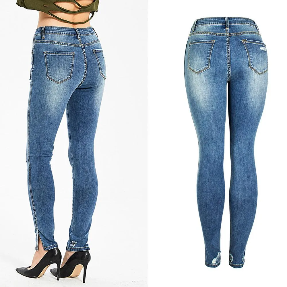 Sexy Stretch Split Button Skinny Denim Pants