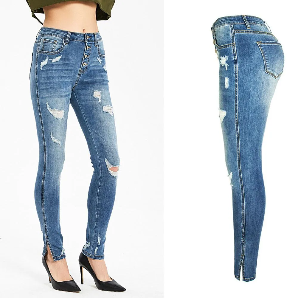 Sexy Stretch Split Button Skinny Denim Pants