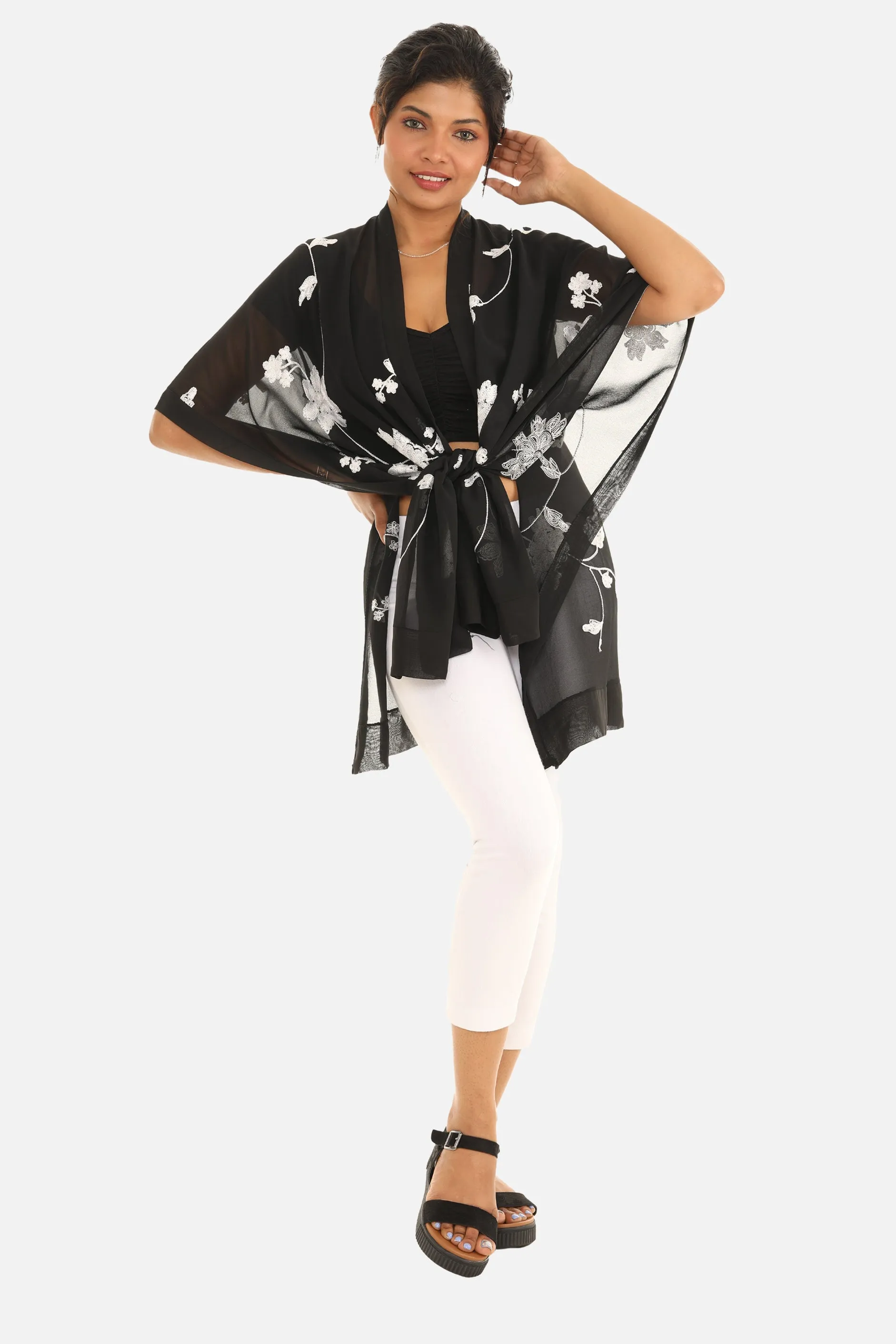 Sheer Floral Embroidered Open Cardigan