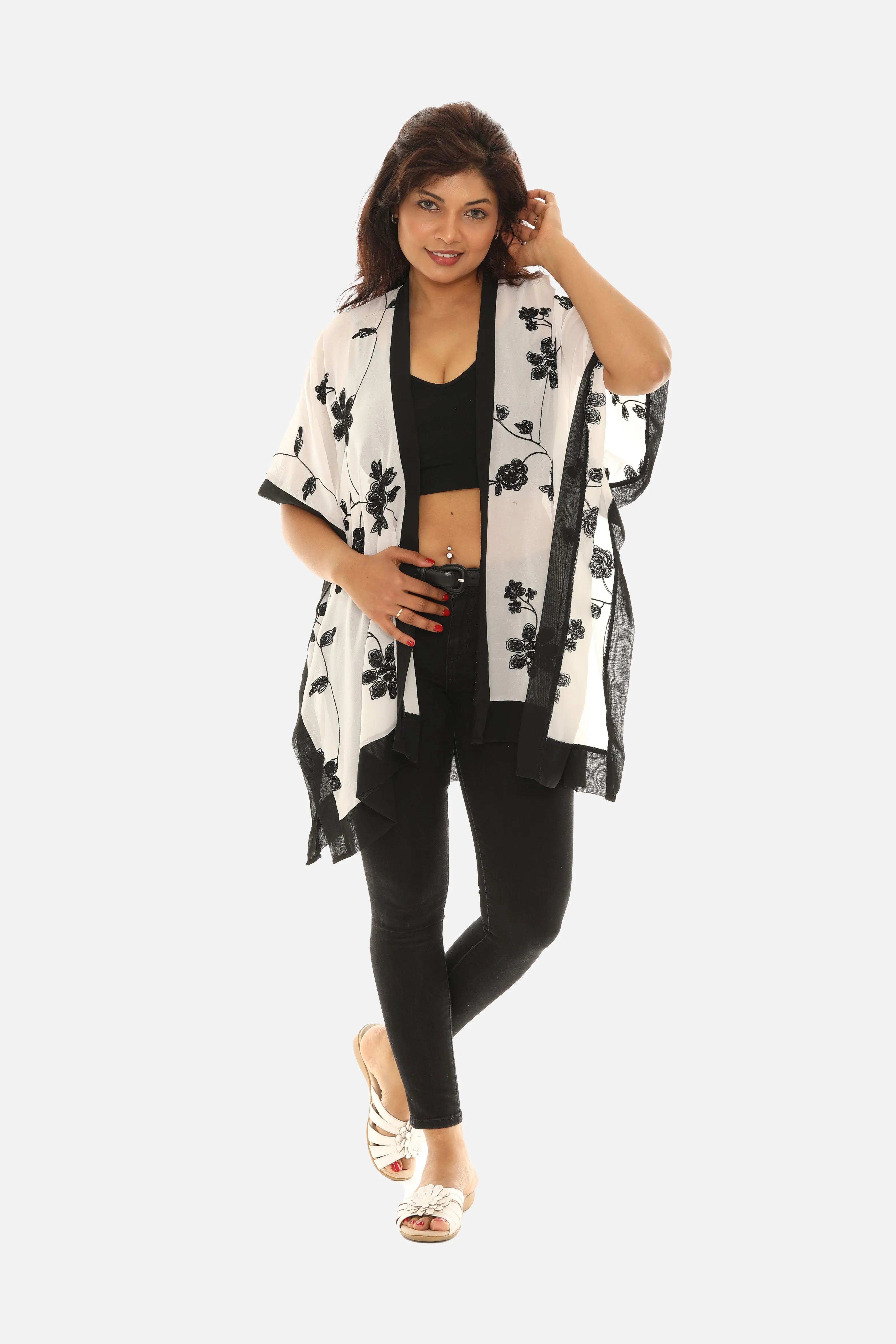 Sheer Floral Embroidered Open Cardigan
