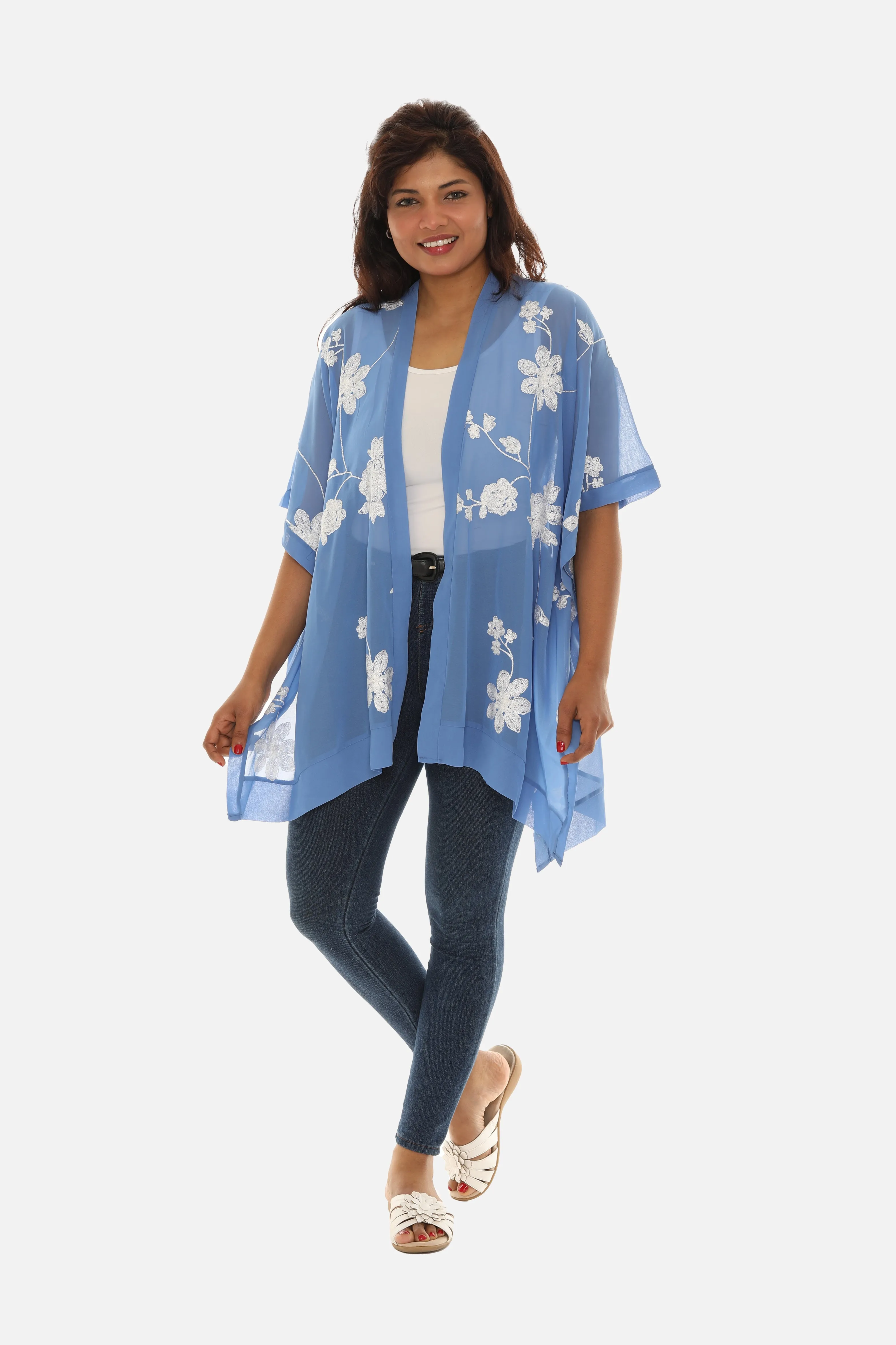 Sheer Floral Embroidered Open Cardigan