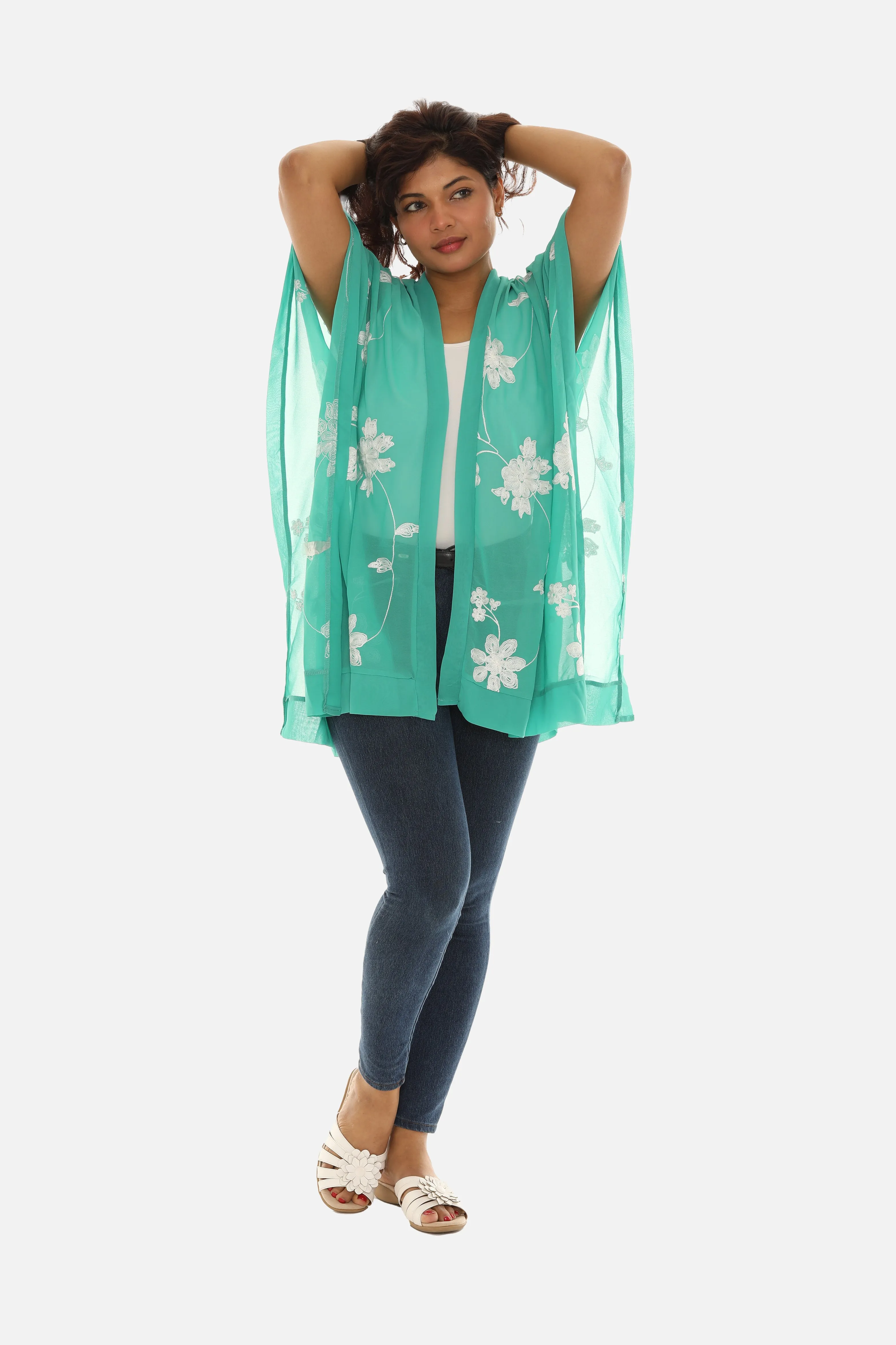 Sheer Floral Embroidered Open Cardigan