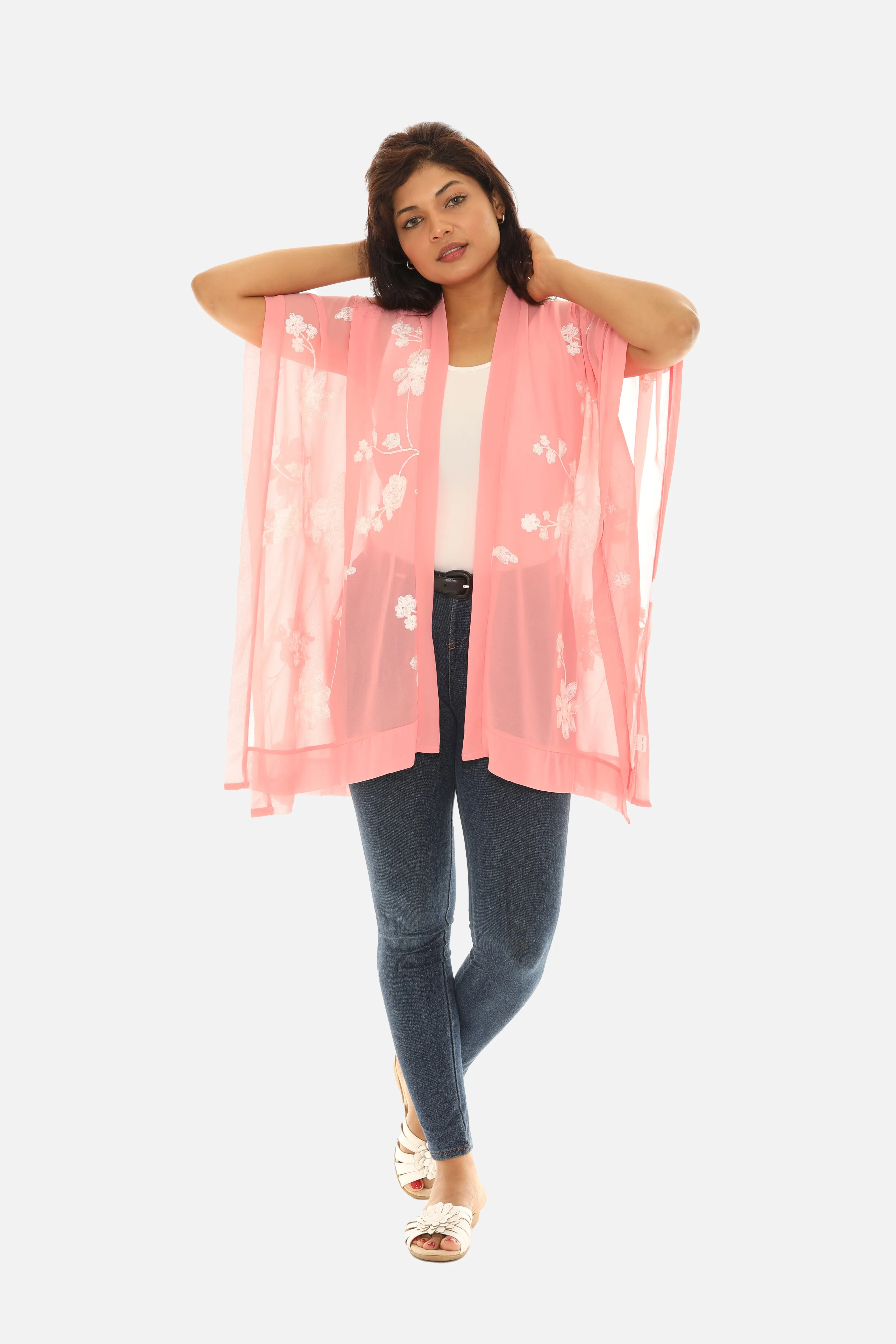 Sheer Floral Embroidered Open Cardigan