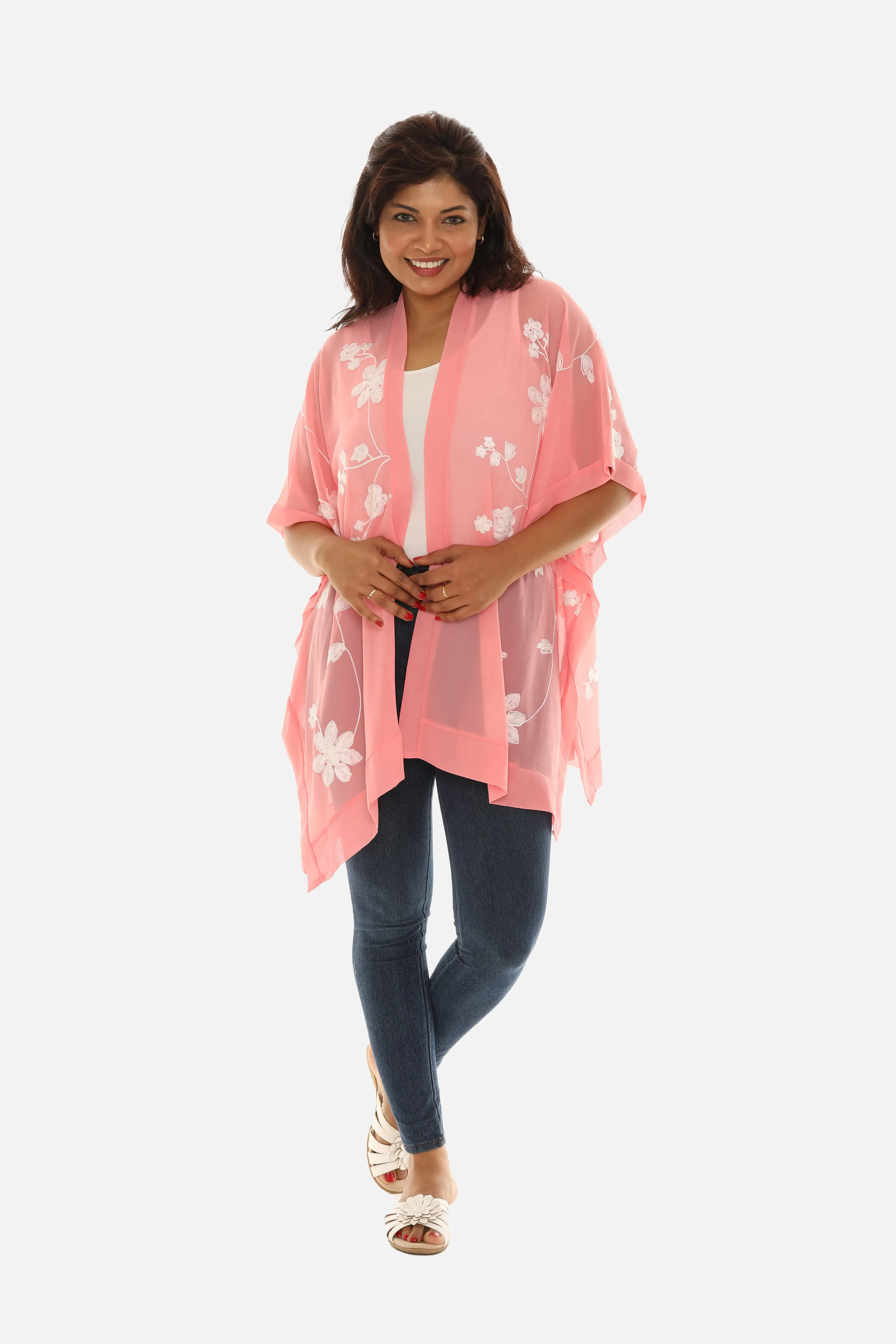 Sheer Floral Embroidered Open Cardigan