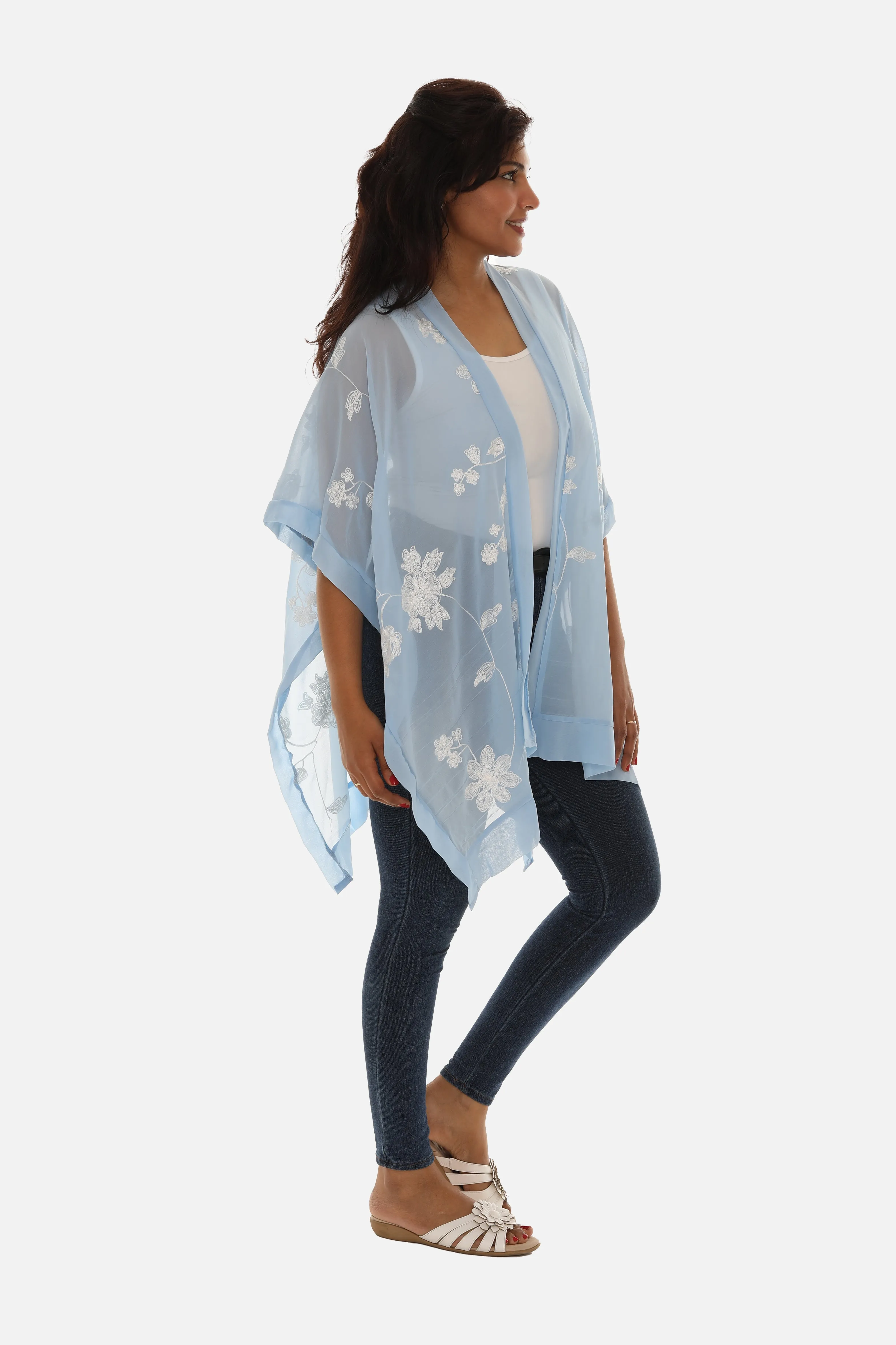 Sheer Floral Embroidered Open Cardigan