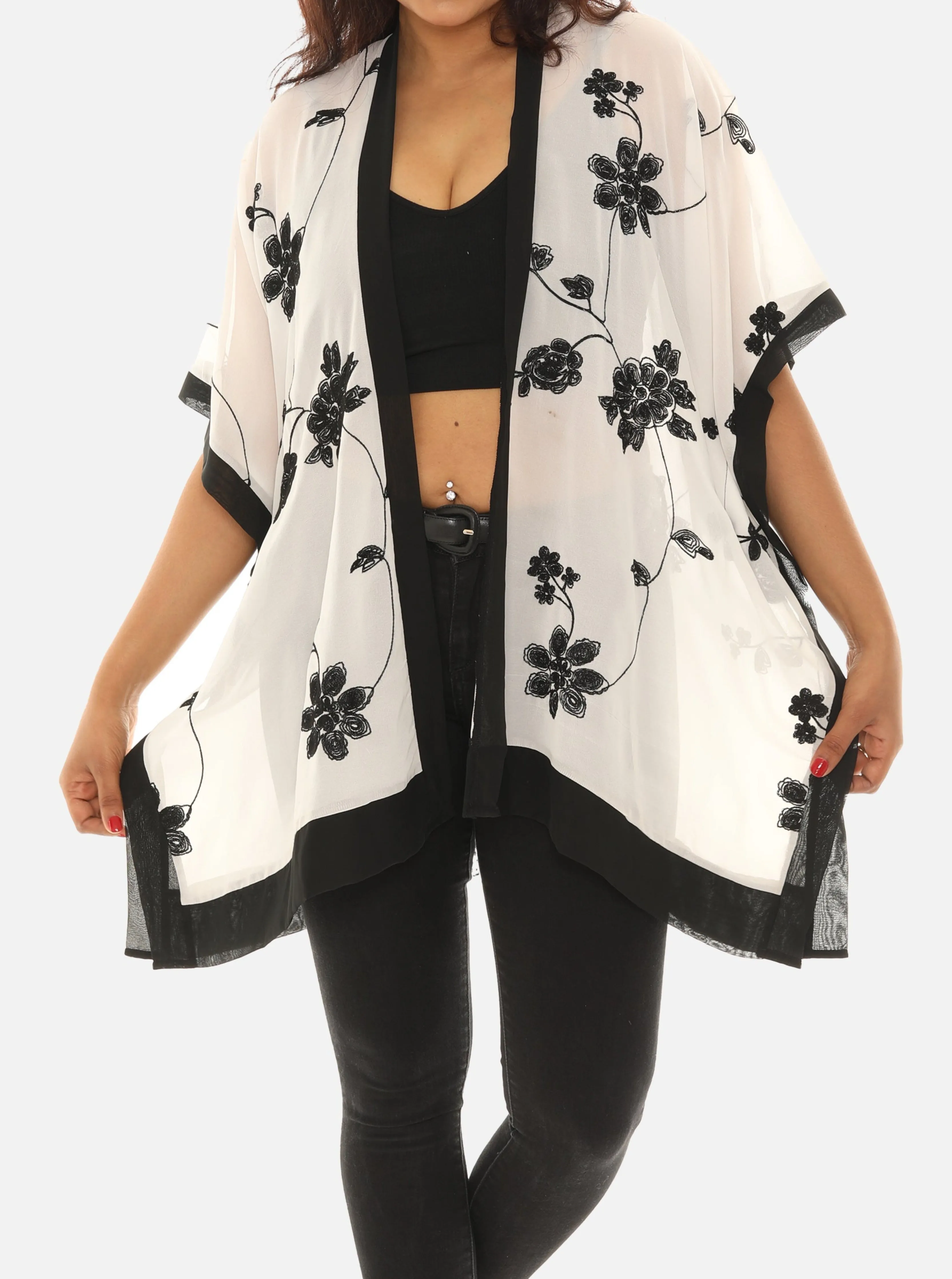 Sheer Floral Embroidered Open Cardigan
