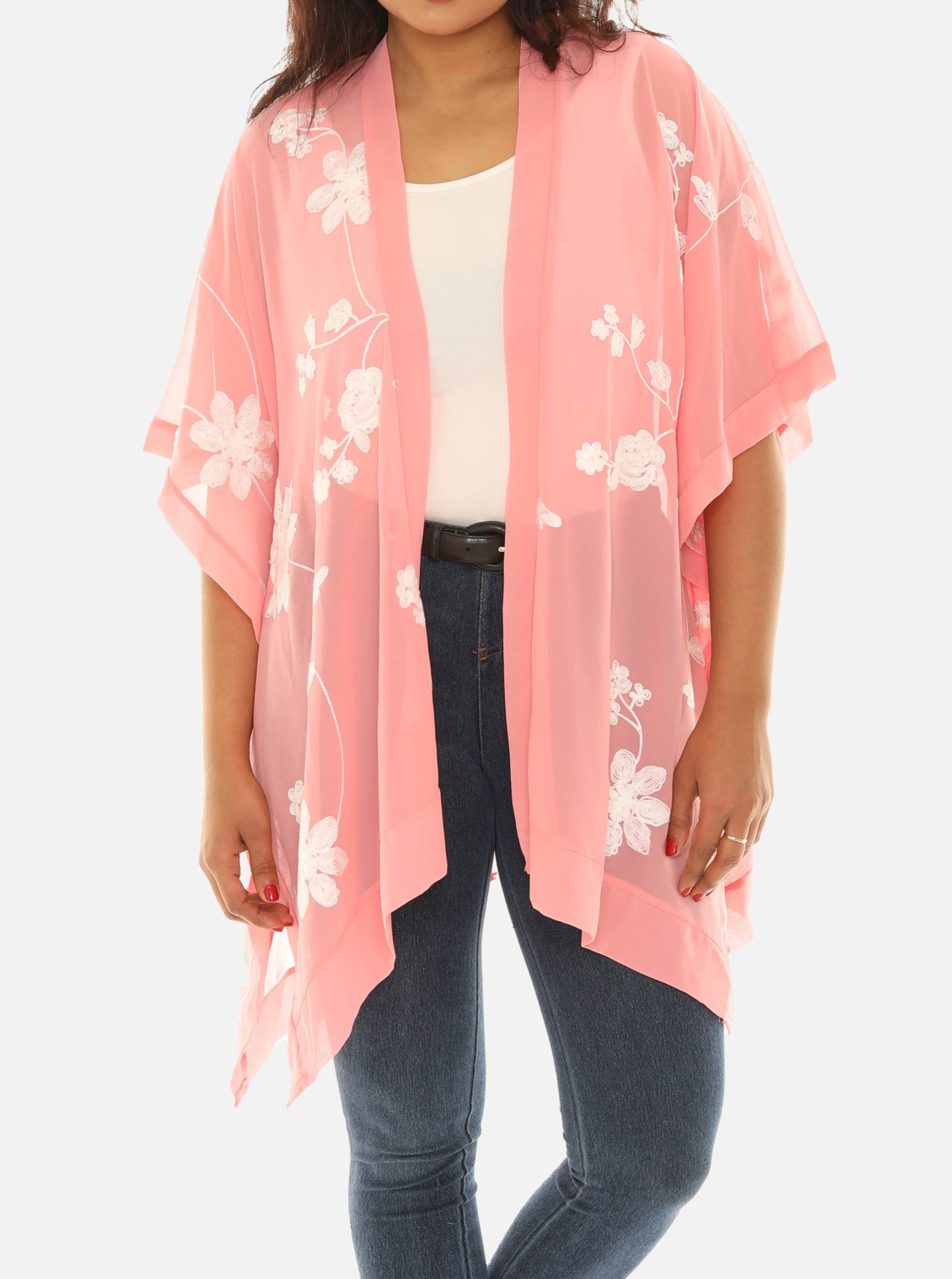 Sheer Floral Embroidered Open Cardigan