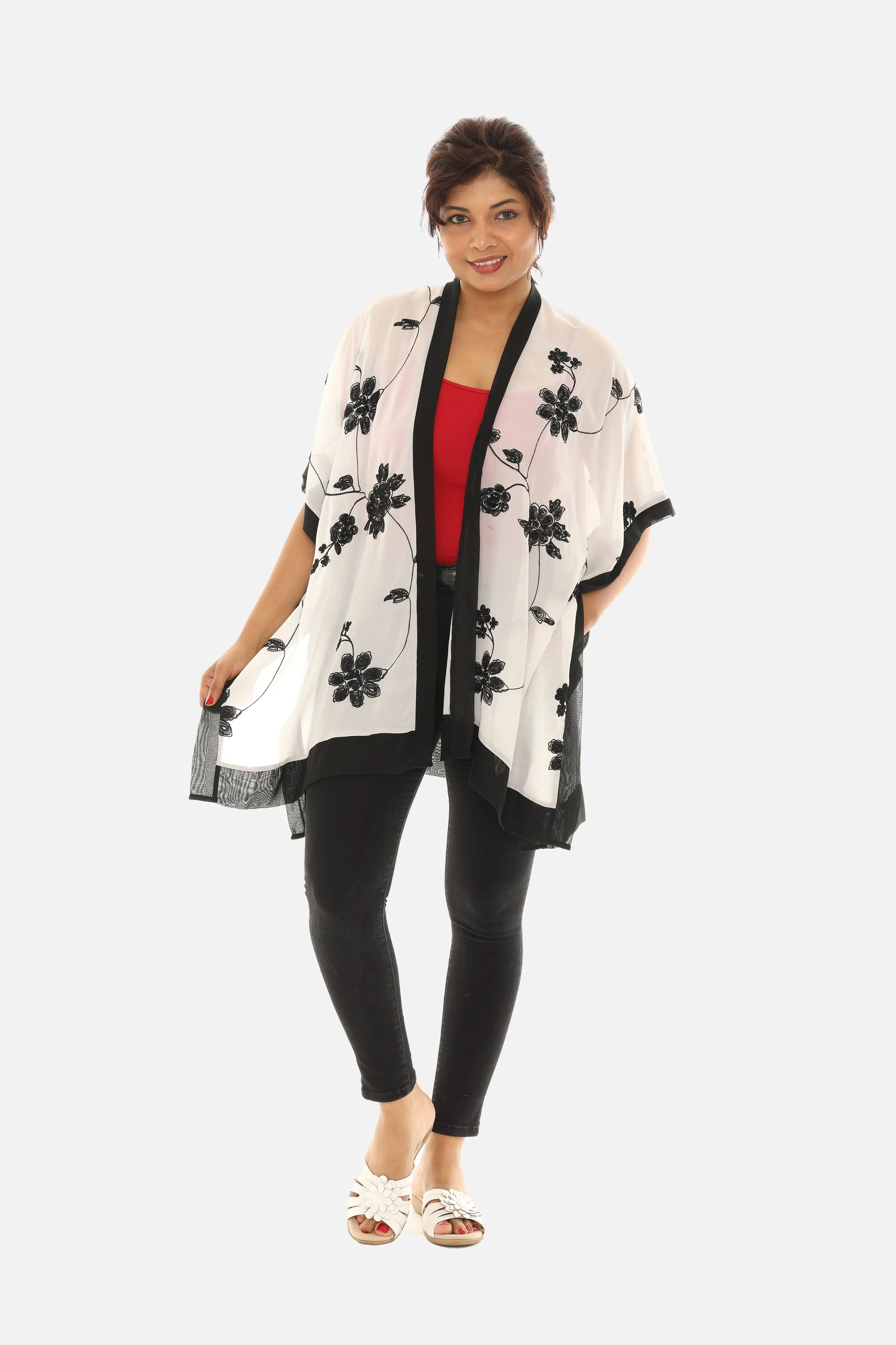 Sheer Floral Embroidered Open Cardigan
