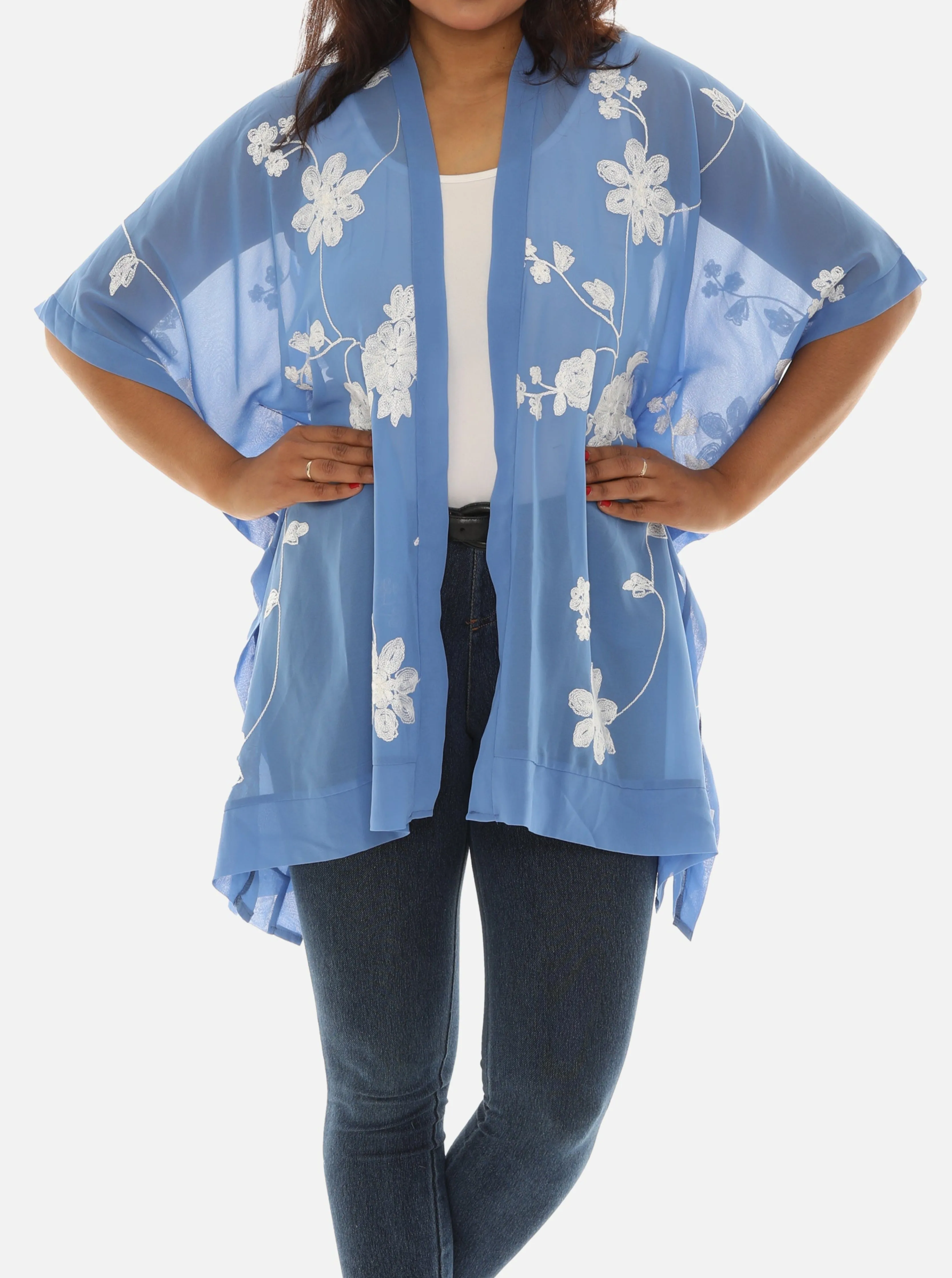 Sheer Floral Embroidered Open Cardigan