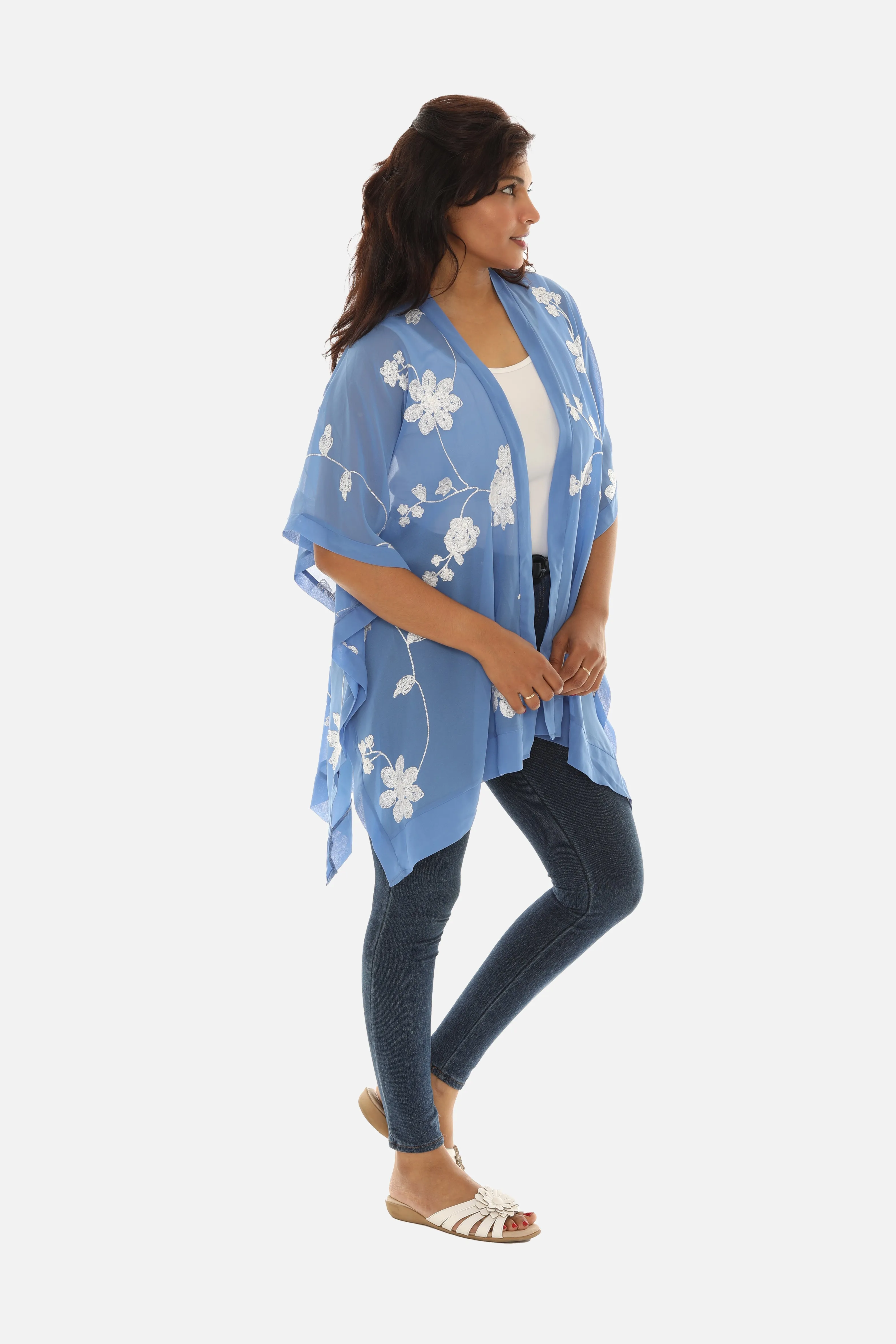 Sheer Floral Embroidered Open Cardigan