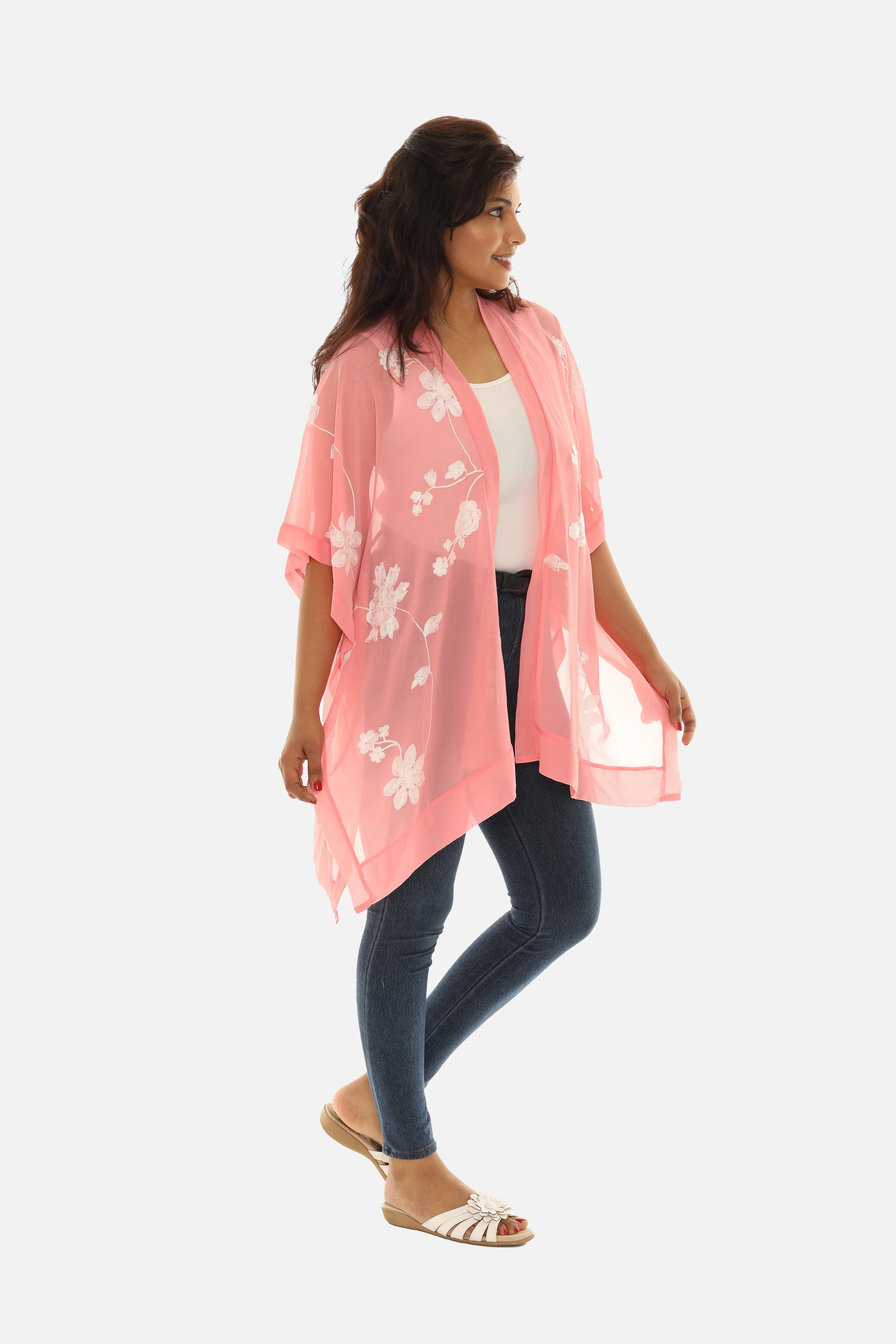 Sheer Floral Embroidered Open Cardigan