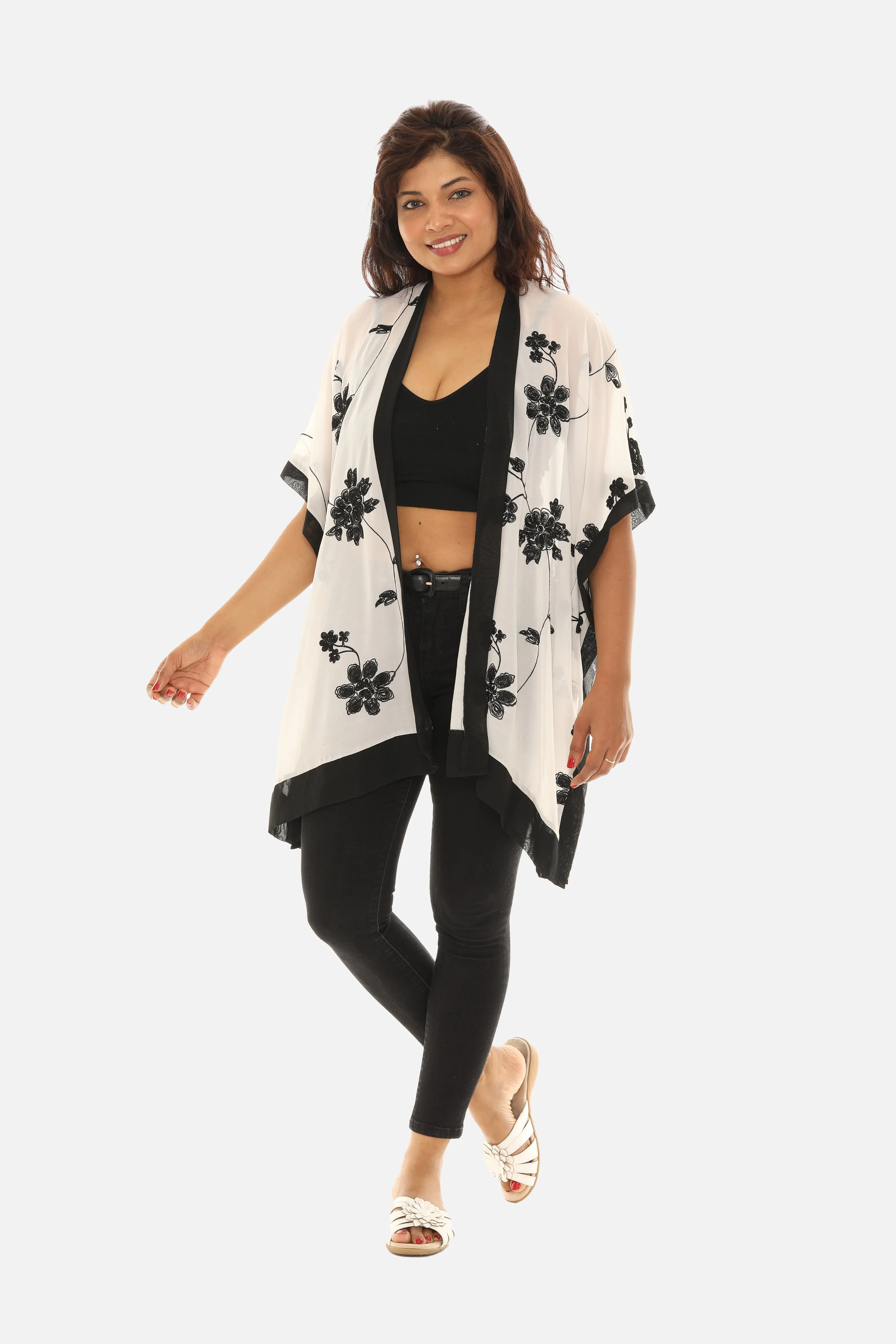 Sheer Floral Embroidered Open Cardigan