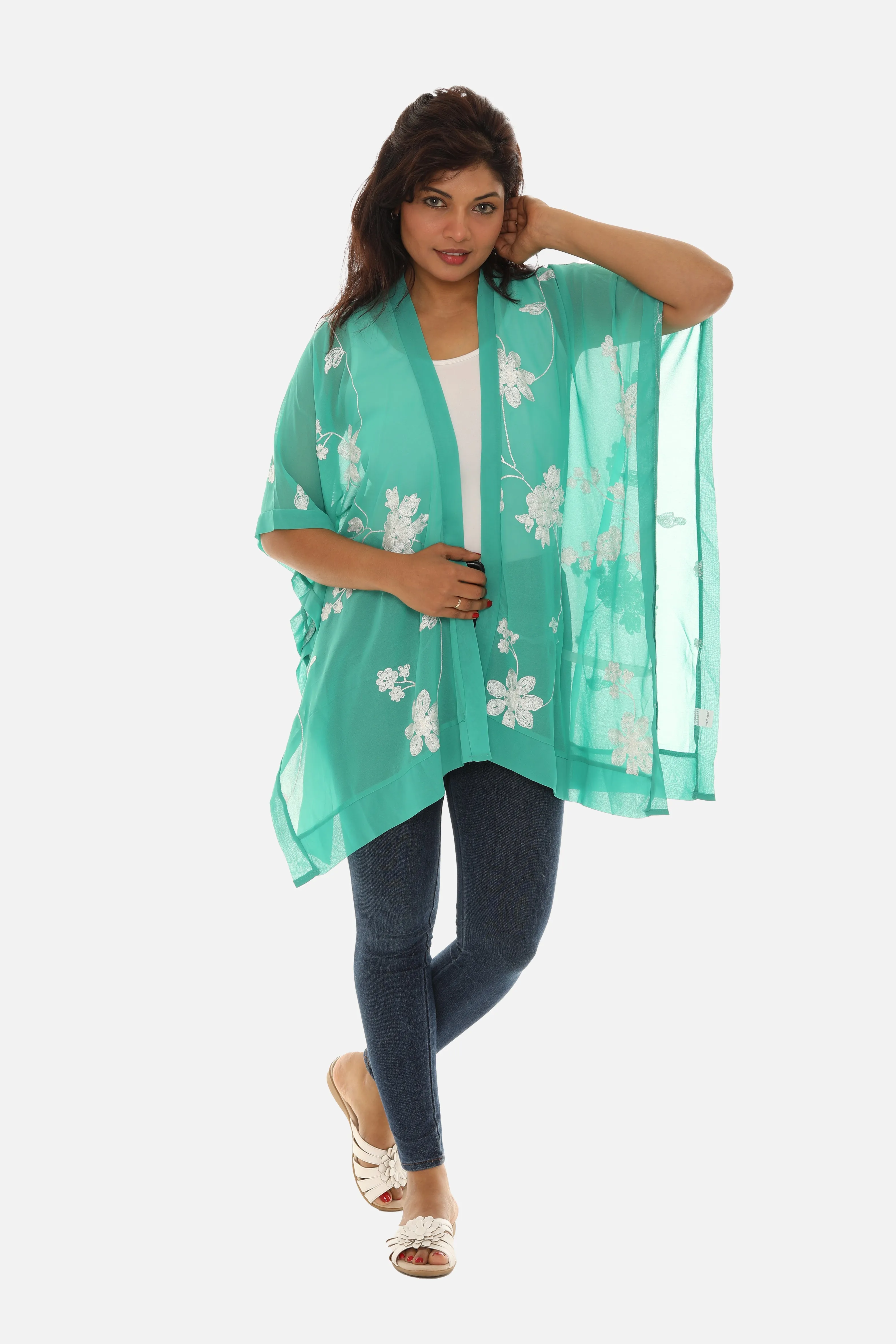 Sheer Floral Embroidered Open Cardigan