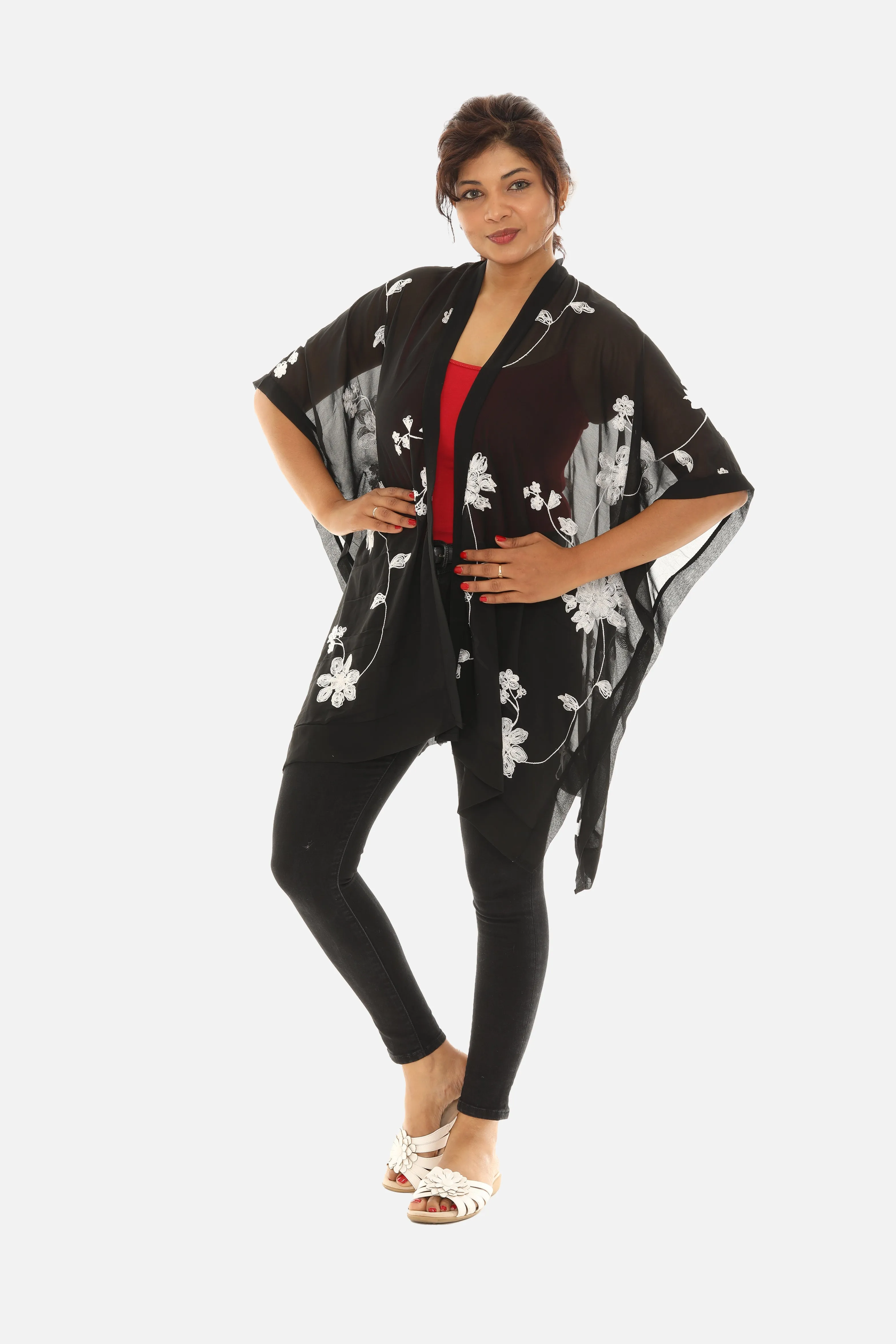 Sheer Floral Embroidered Open Cardigan