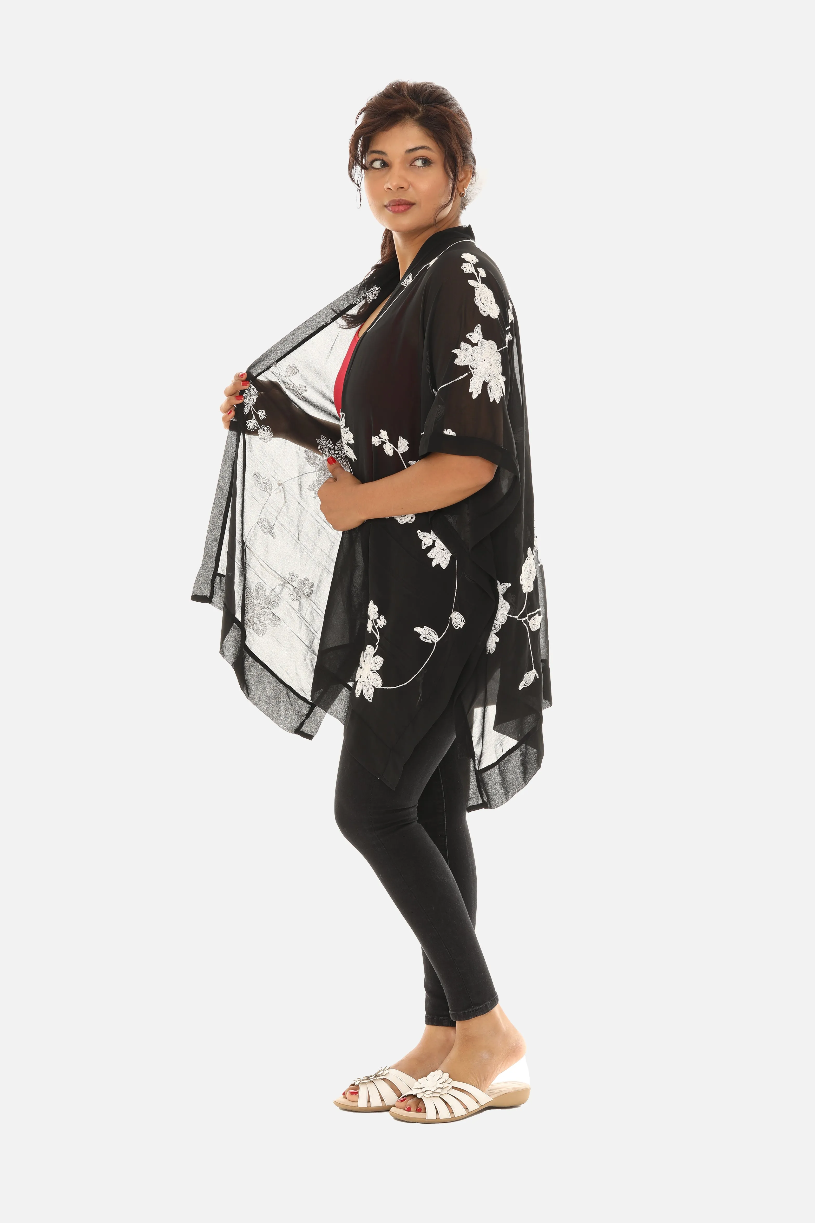 Sheer Floral Embroidered Open Cardigan