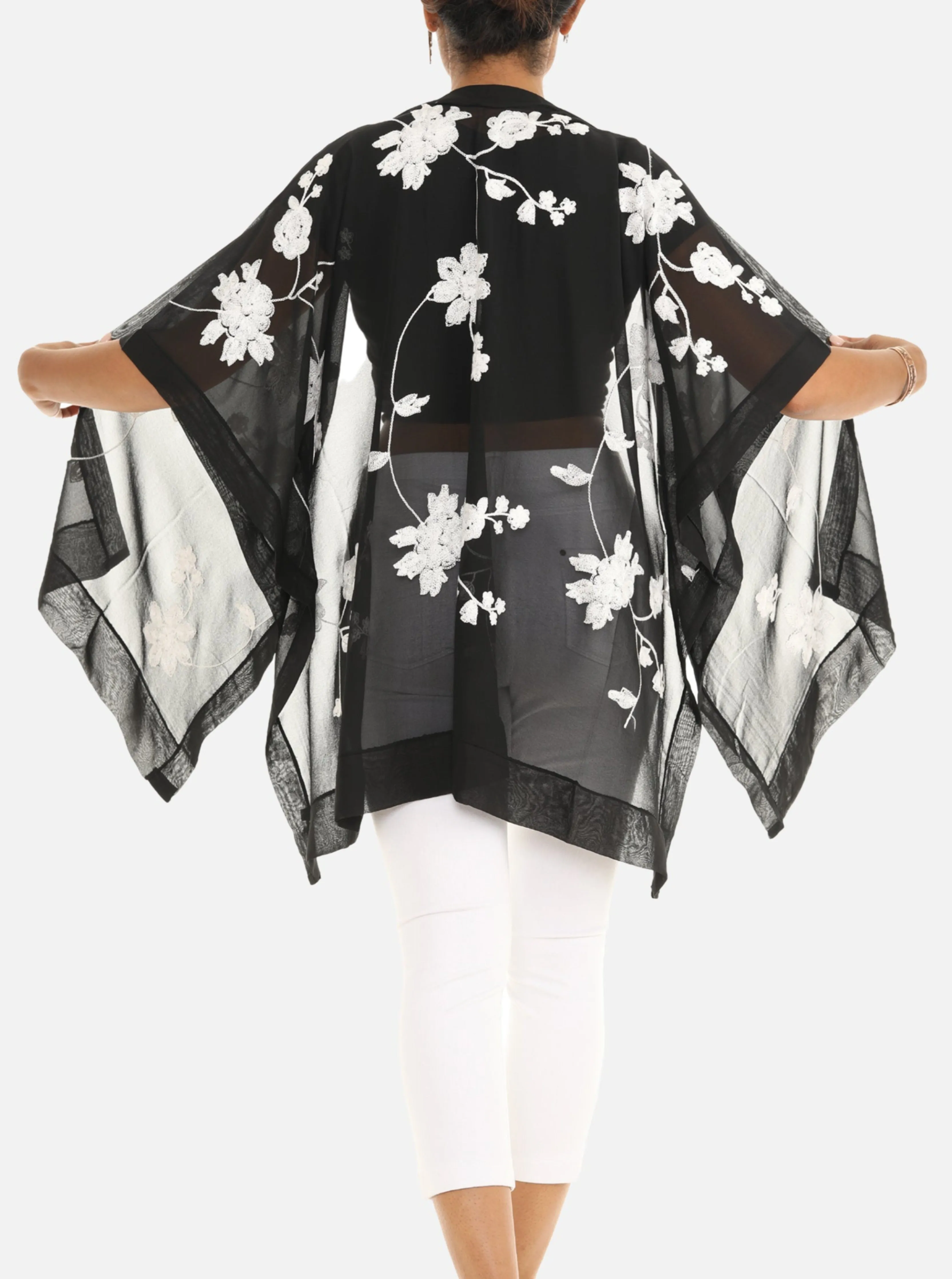 Sheer Floral Embroidered Open Cardigan