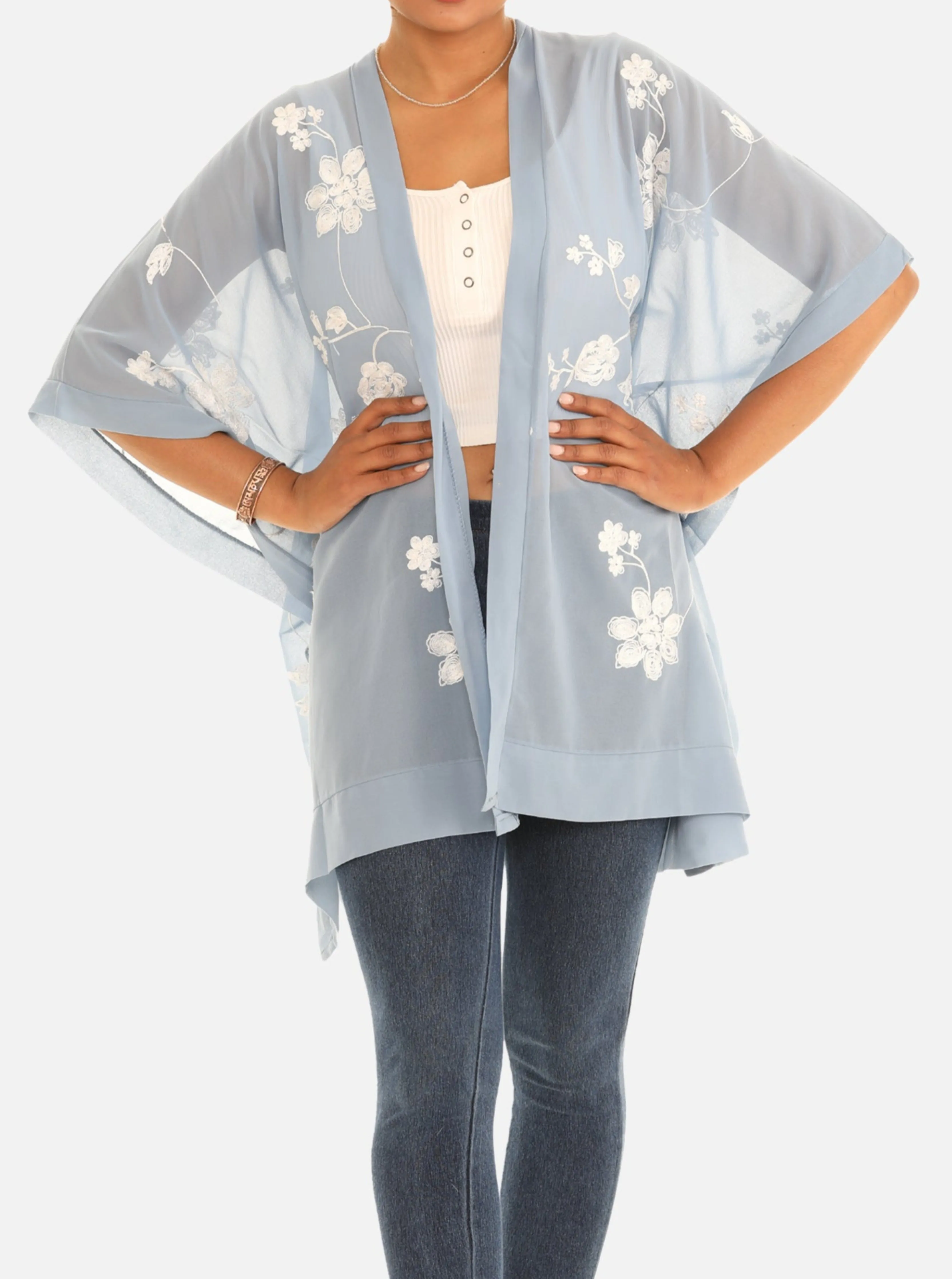Sheer Floral Embroidered Open Cardigan