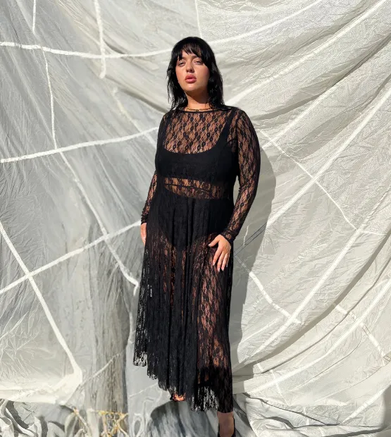 Sheer Lace Mesh Dress- Black