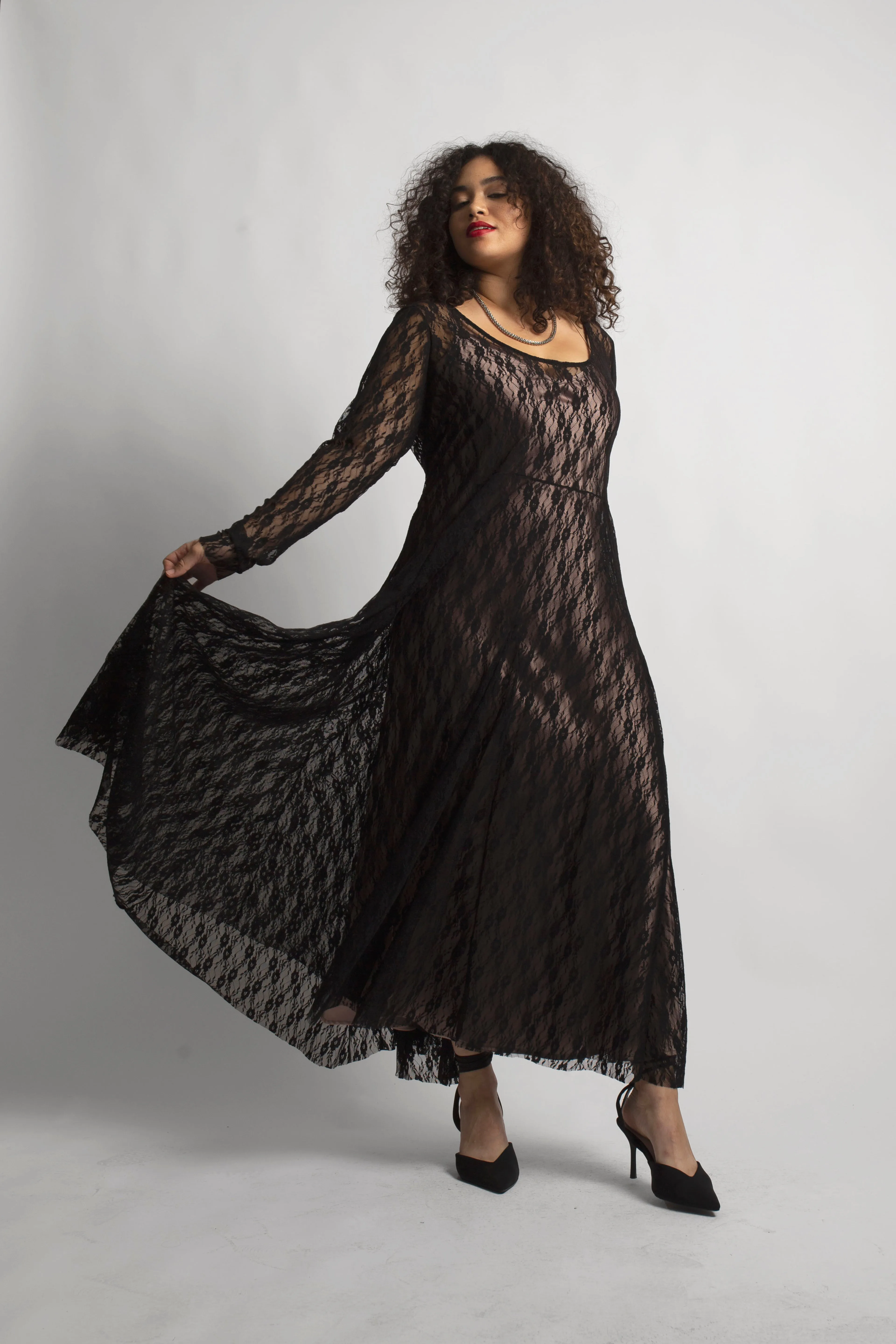 Sheer Lace Mesh Dress- Black