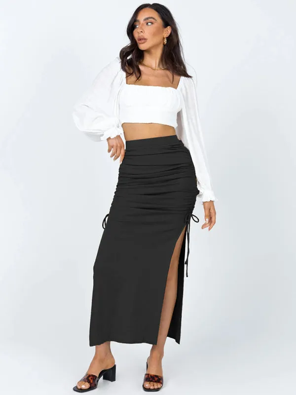 Side Lace Knit Ruched Mid Skirt