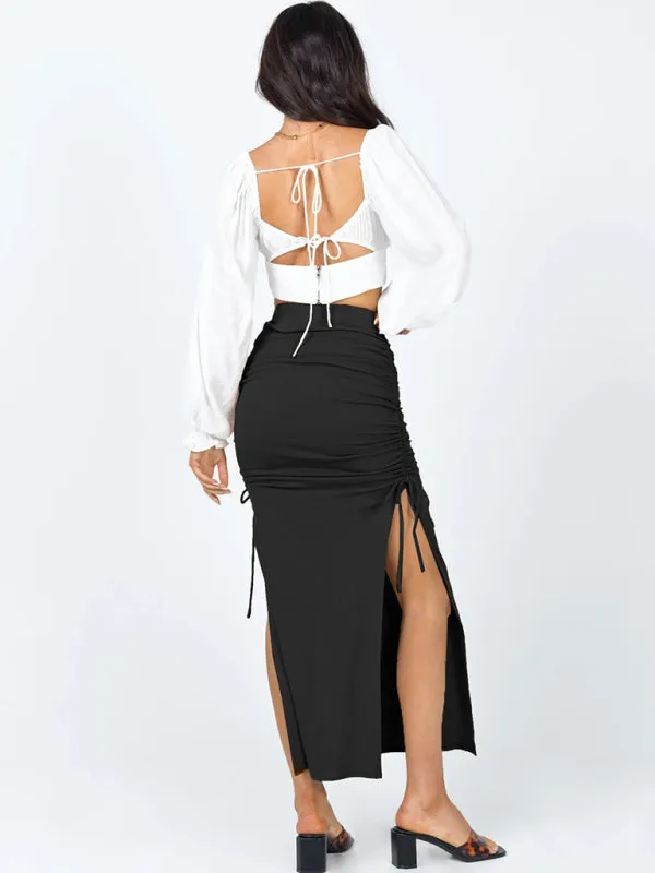 Side Lace Knit Ruched Mid Skirt