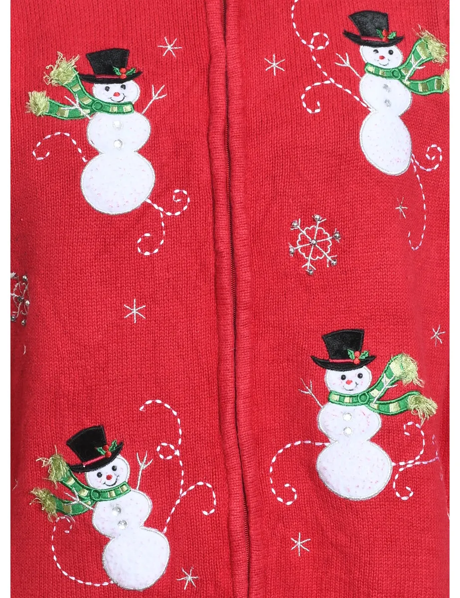 Snowman Design Zip-Front Embroidered Christmas Cardigan - L