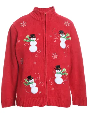Snowman Design Zip-Front Embroidered Christmas Cardigan - L