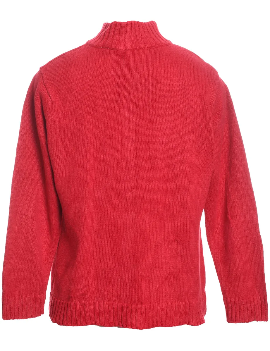 Snowman Design Zip-Front Embroidered Christmas Cardigan - L
