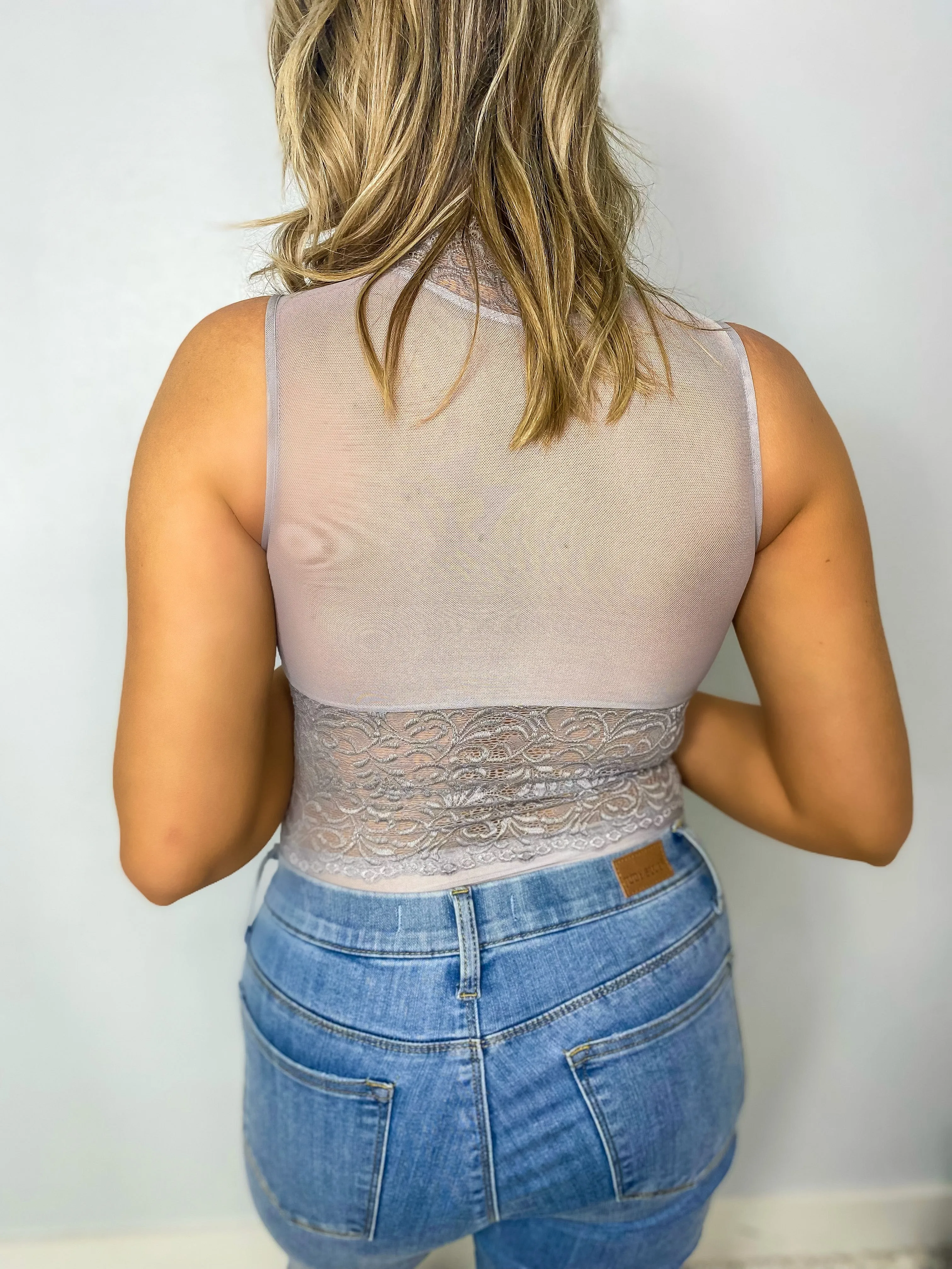 Somebody To Love Lace Mock Neck Bodysuit - Gray