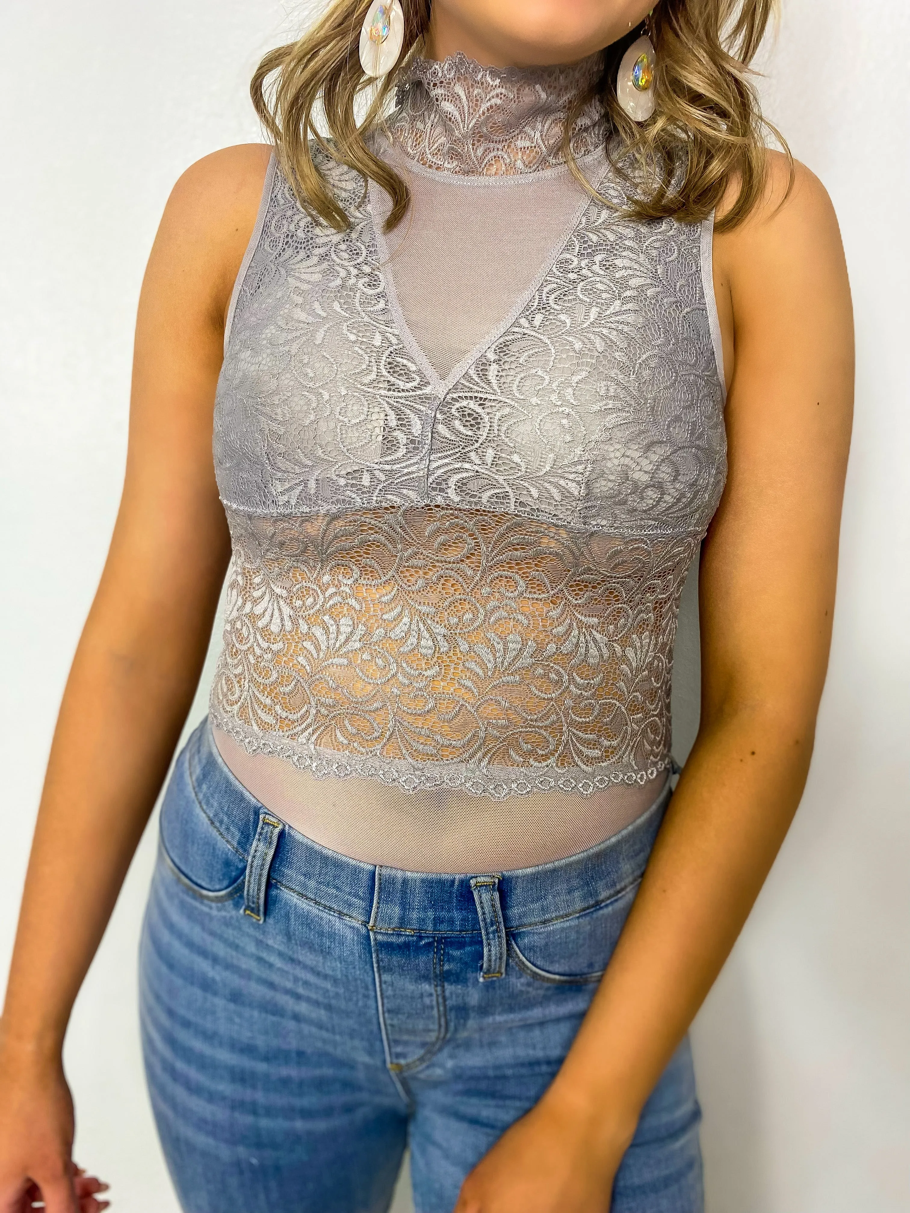 Somebody To Love Lace Mock Neck Bodysuit - Gray